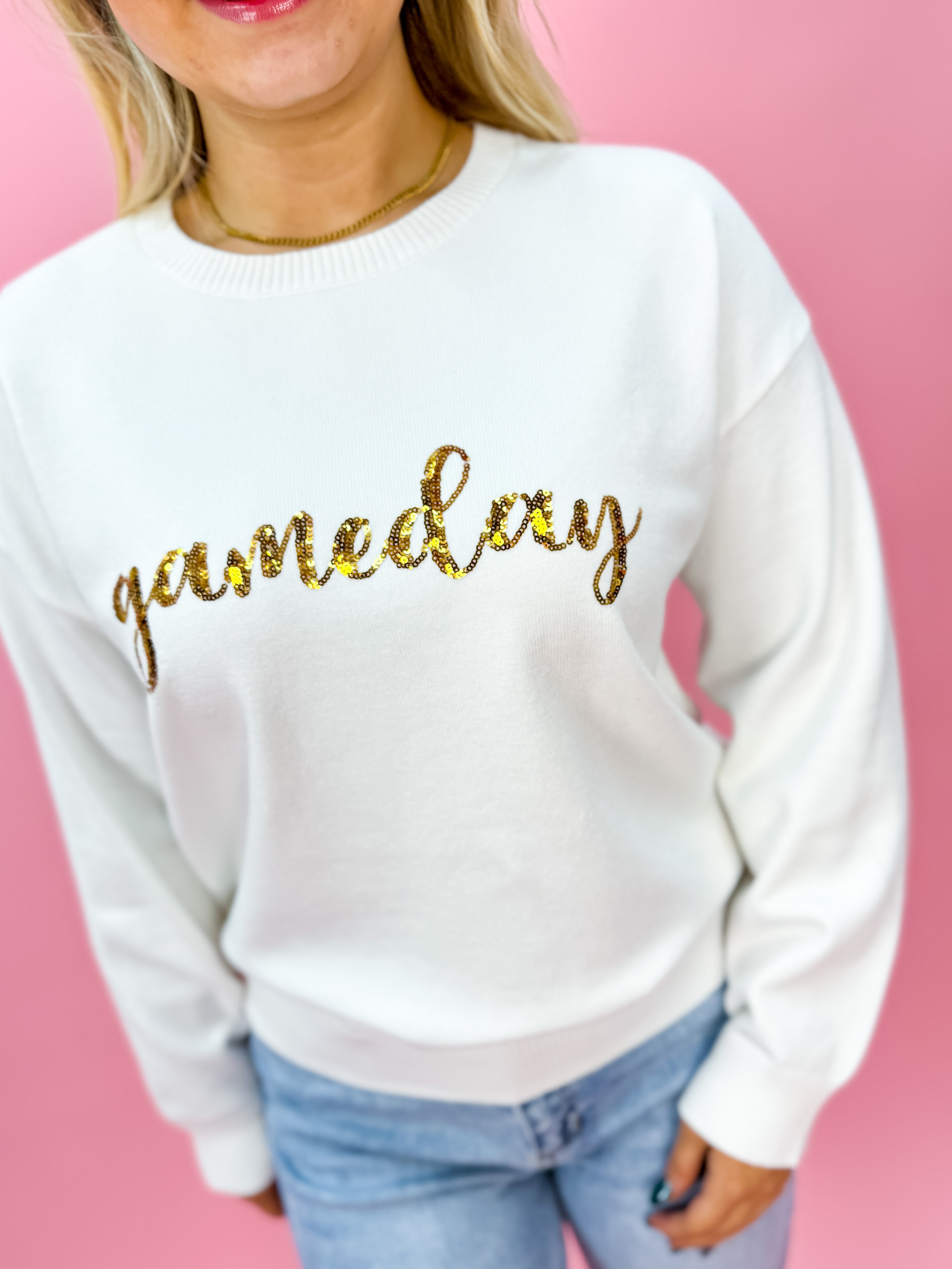 Gameday Script Sequin Sweater In White/Gold