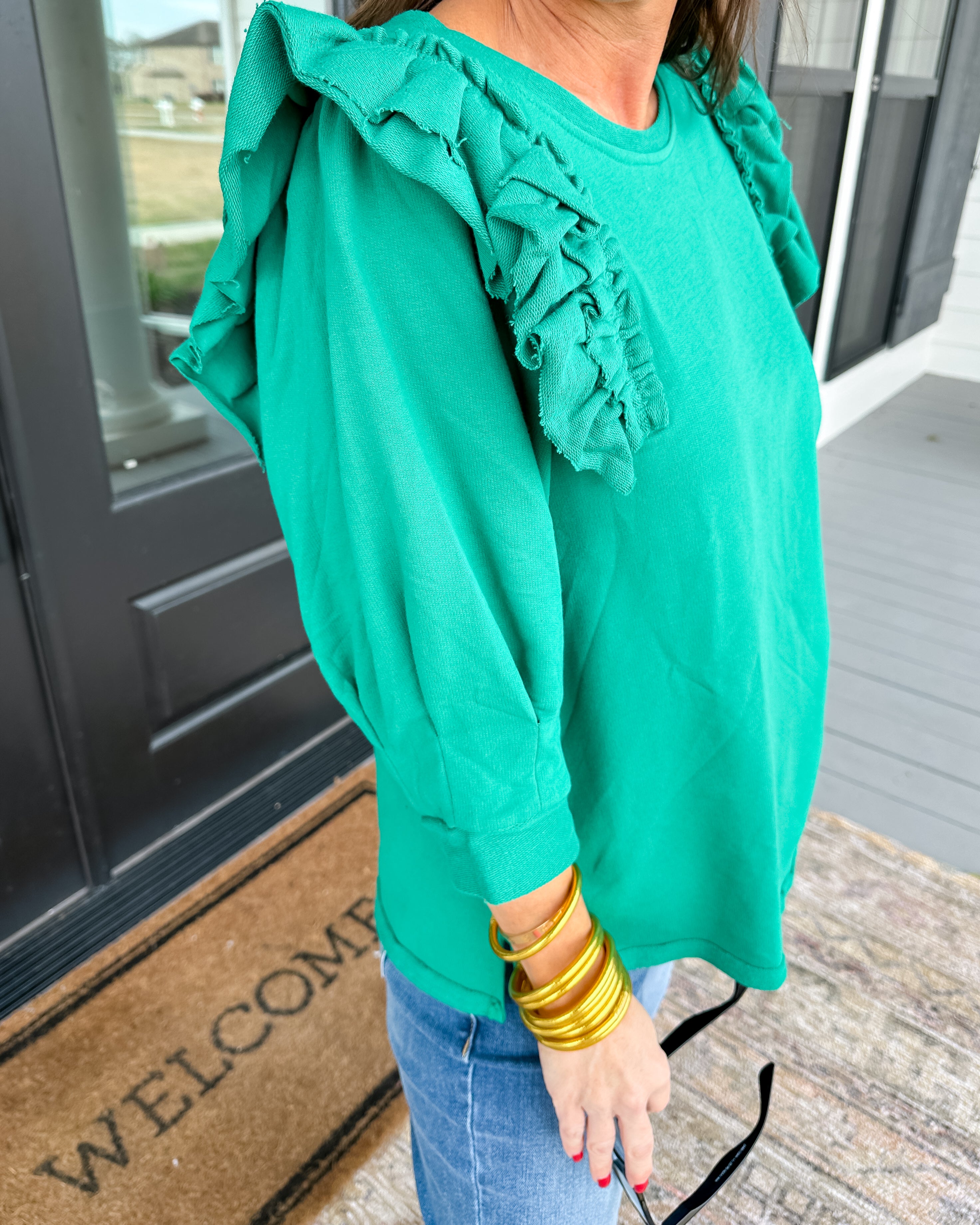 French Terry Top with Ruffle Sleeve in Green