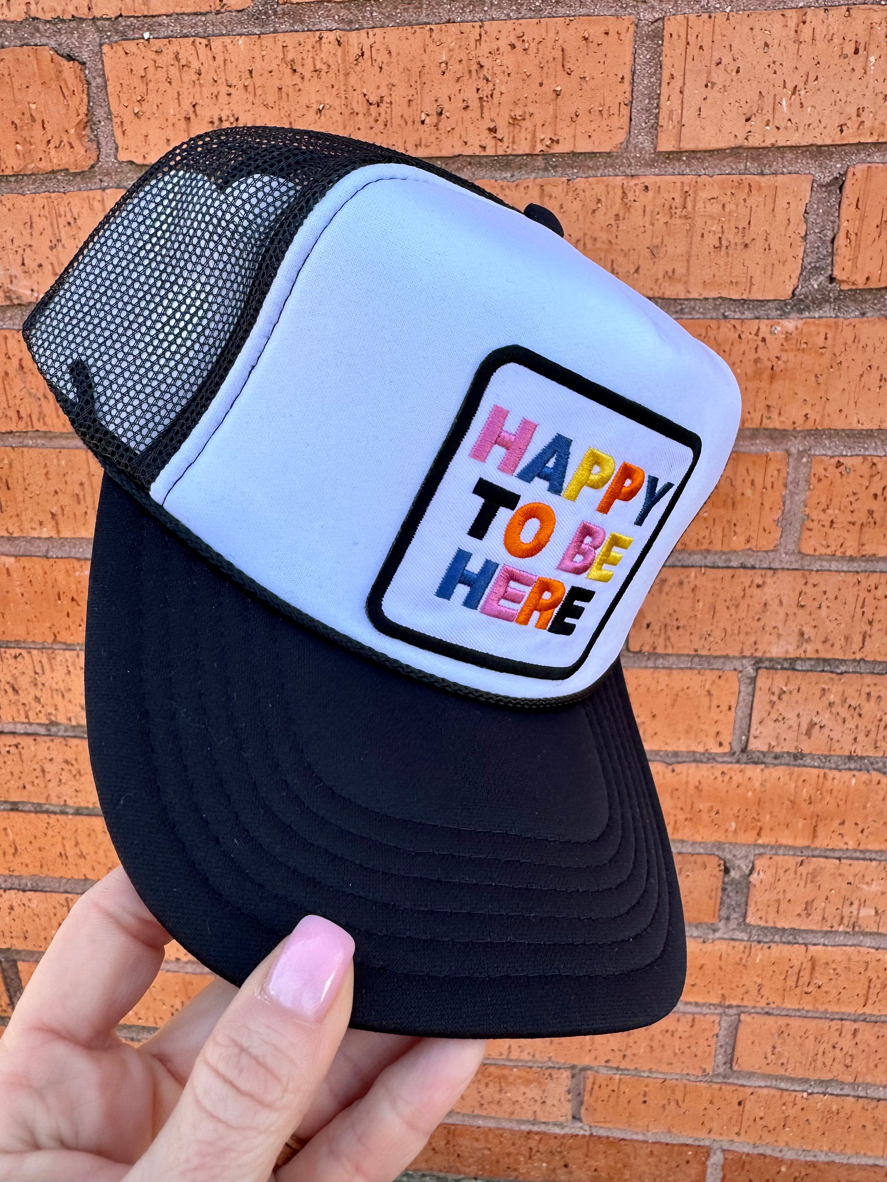 Happy To Be Here Trucker Hat In Black