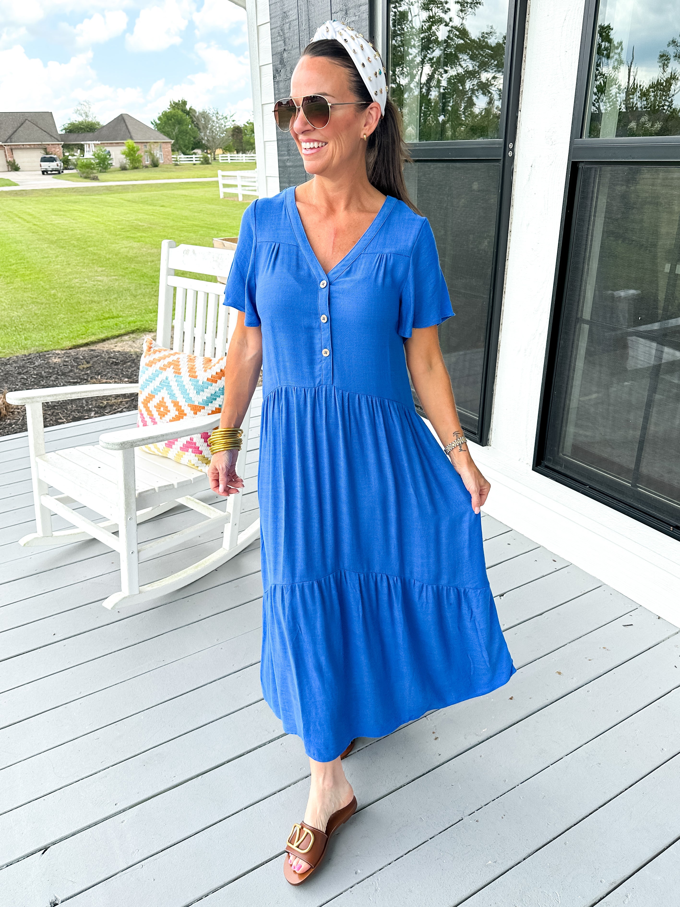 Woven Tiered V Neck Midi Dress in Royal Blue