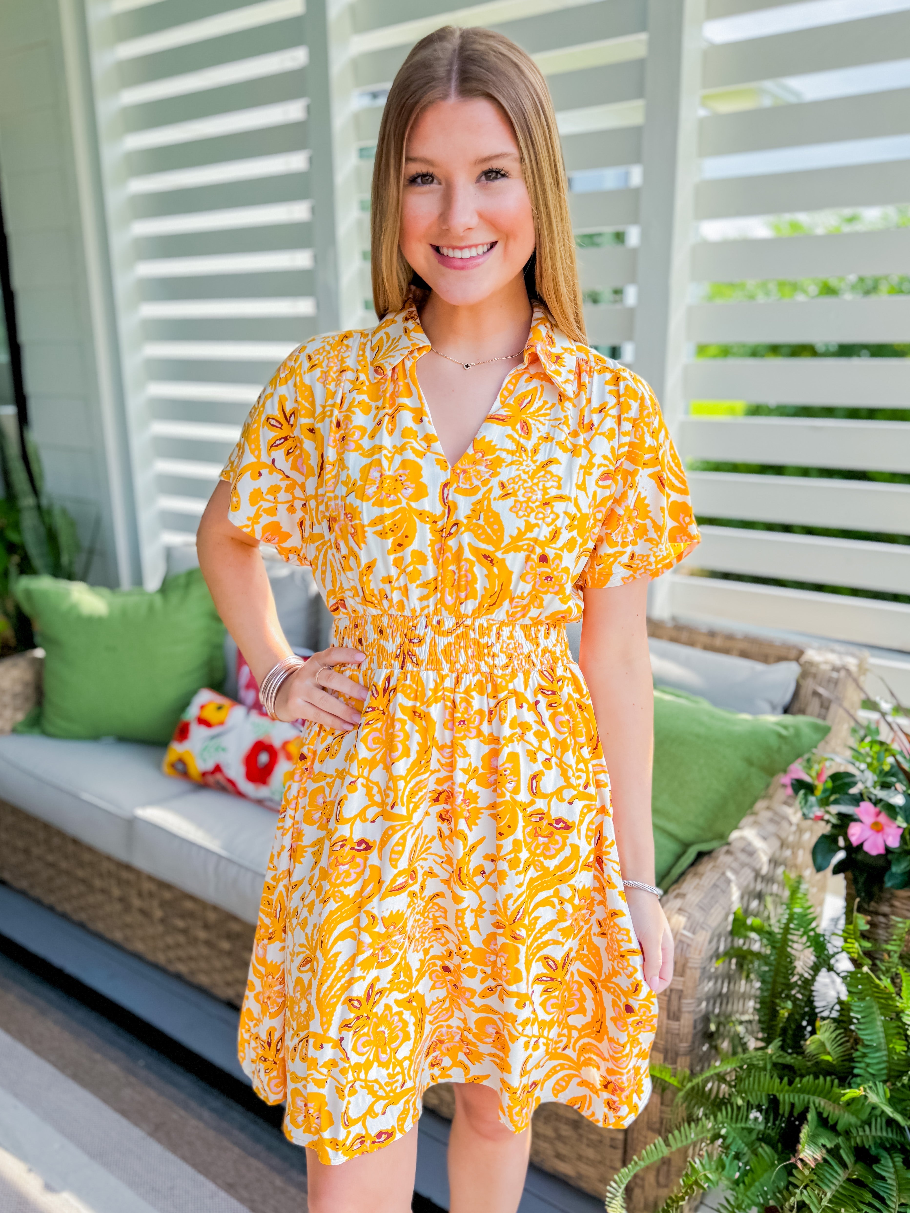 Short Sleeve Mini Dress in Yellow Floral