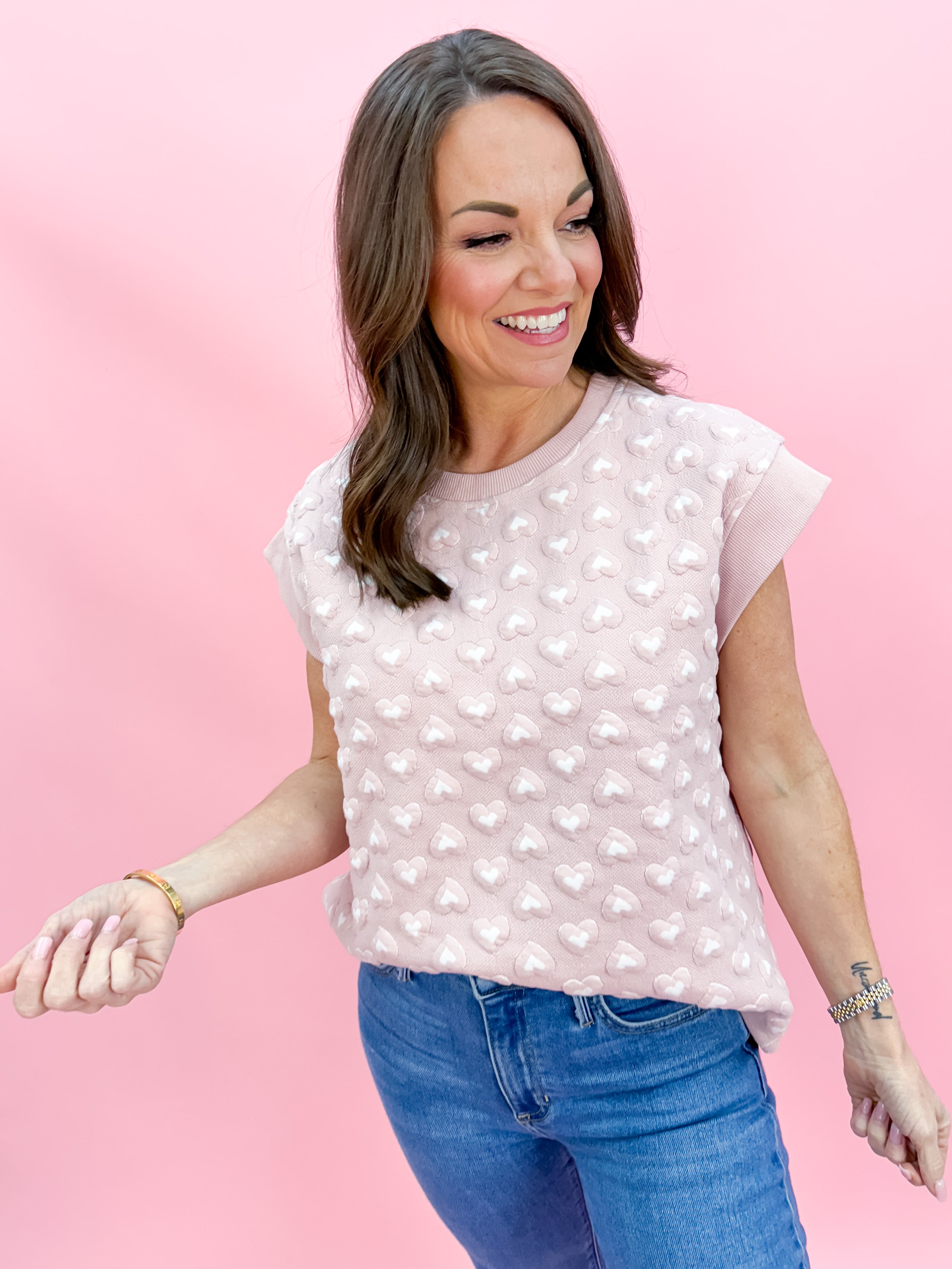 Pink Heart Embossed Round Neck Top