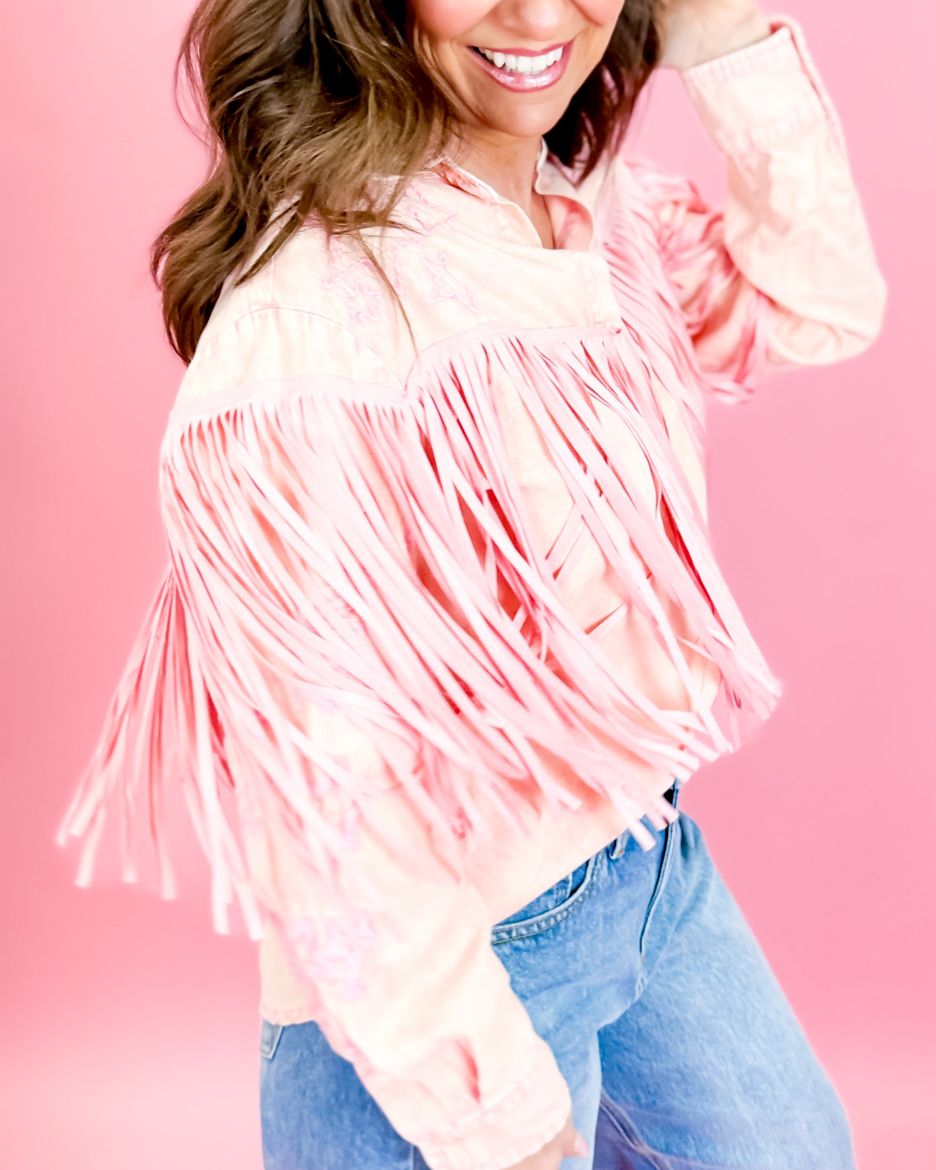 Embroidered Suede Fringe Button Up Shirt