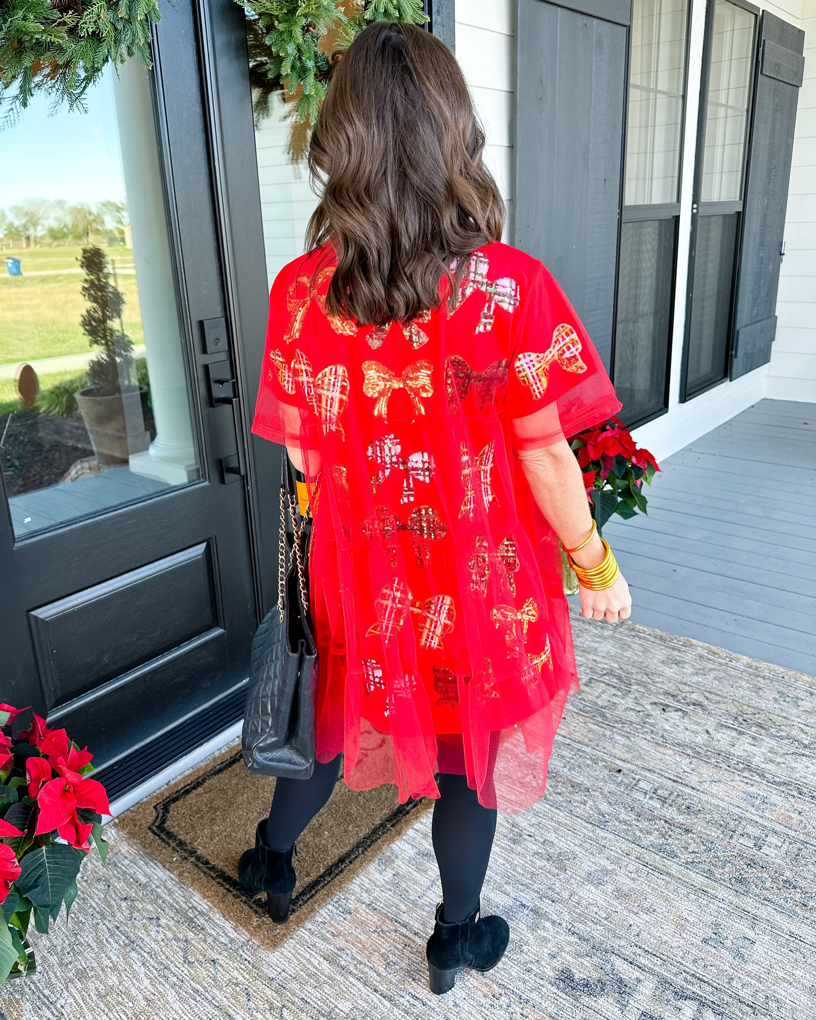 Red Sheer Plaid Bow Overlay dress