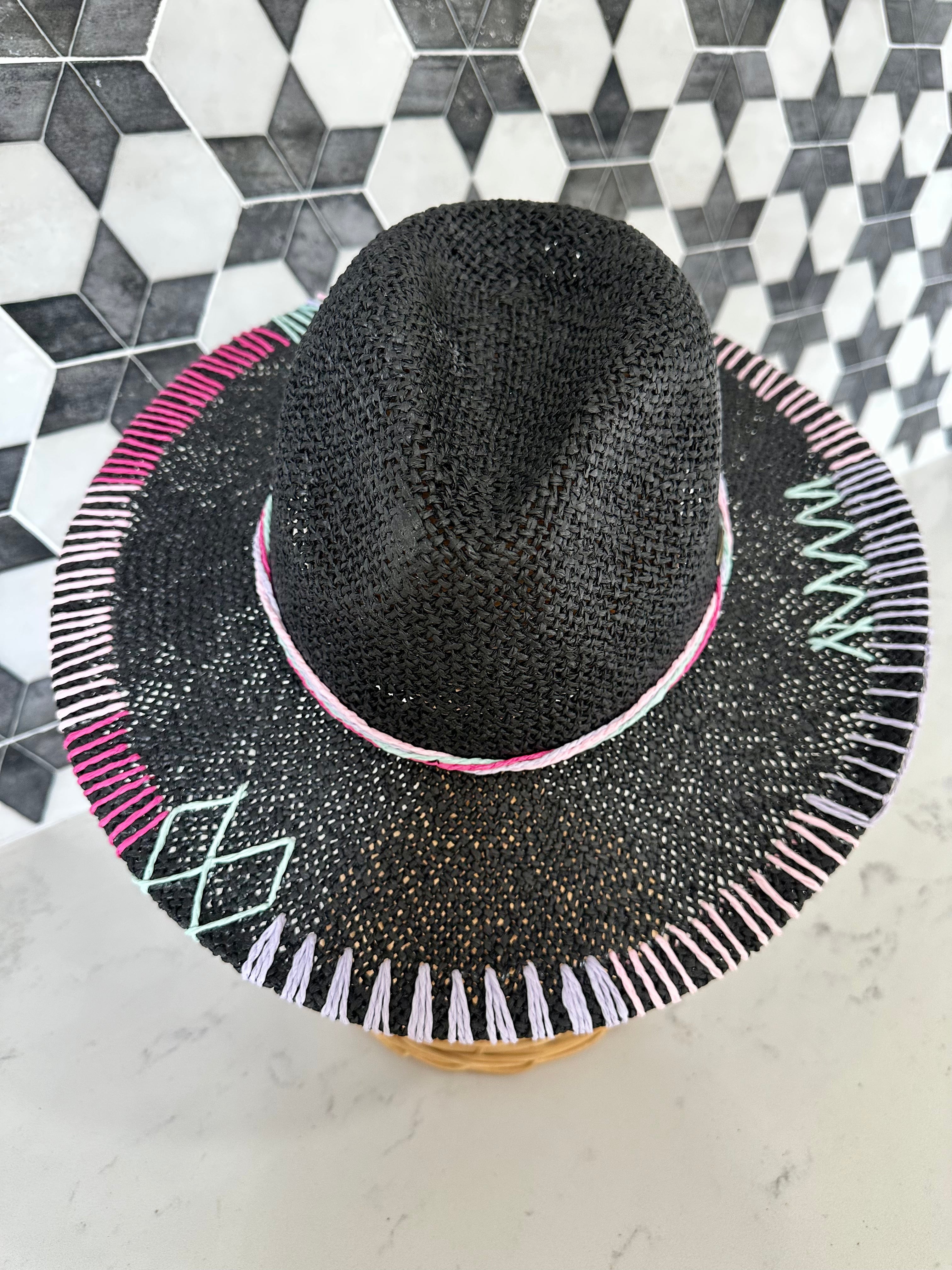 Multi Color Stitch Panama Hat in Black