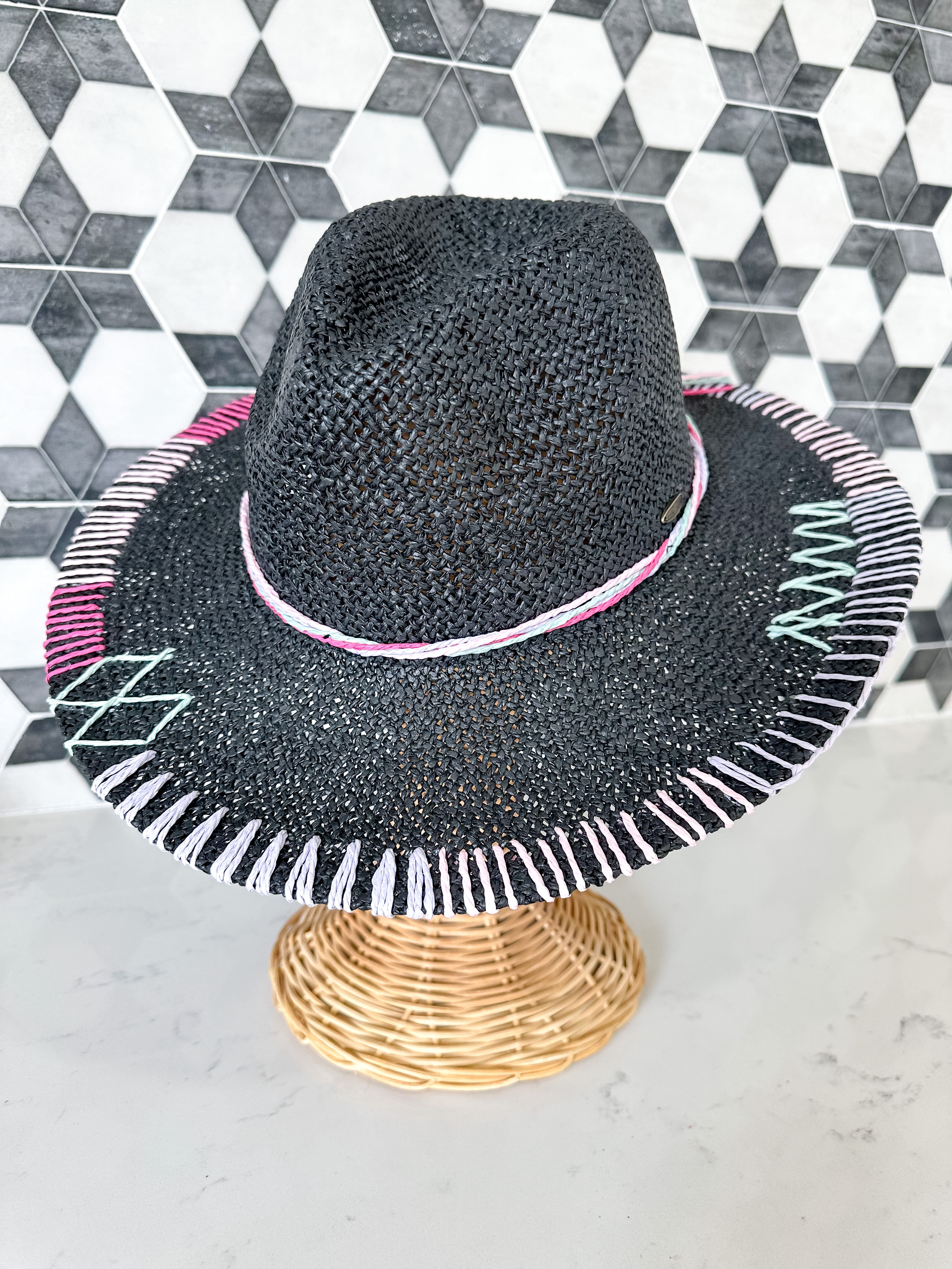 Multi Color Stitch Panama Hat in Black