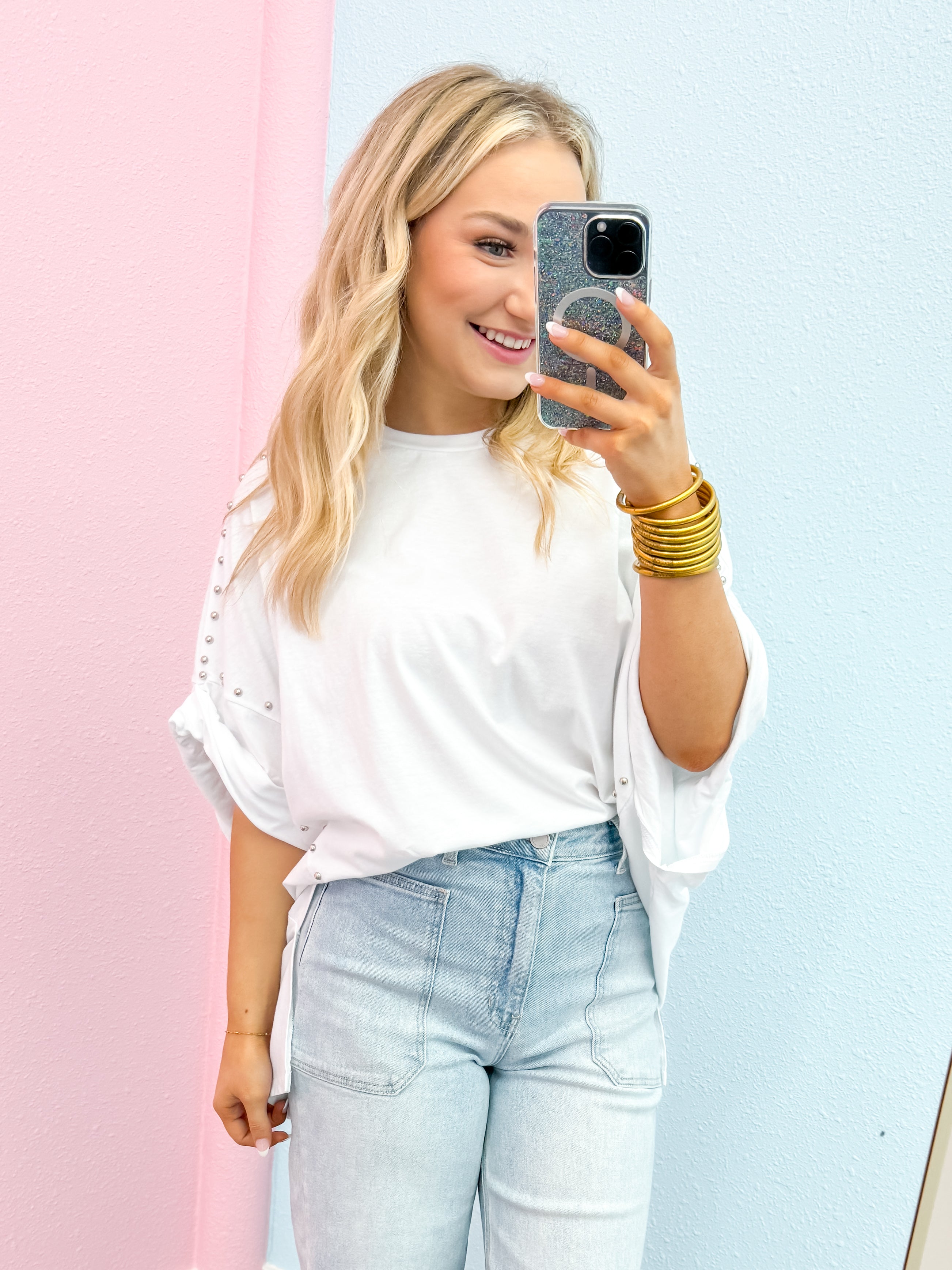 Studded Oversized High-Low Top in White
