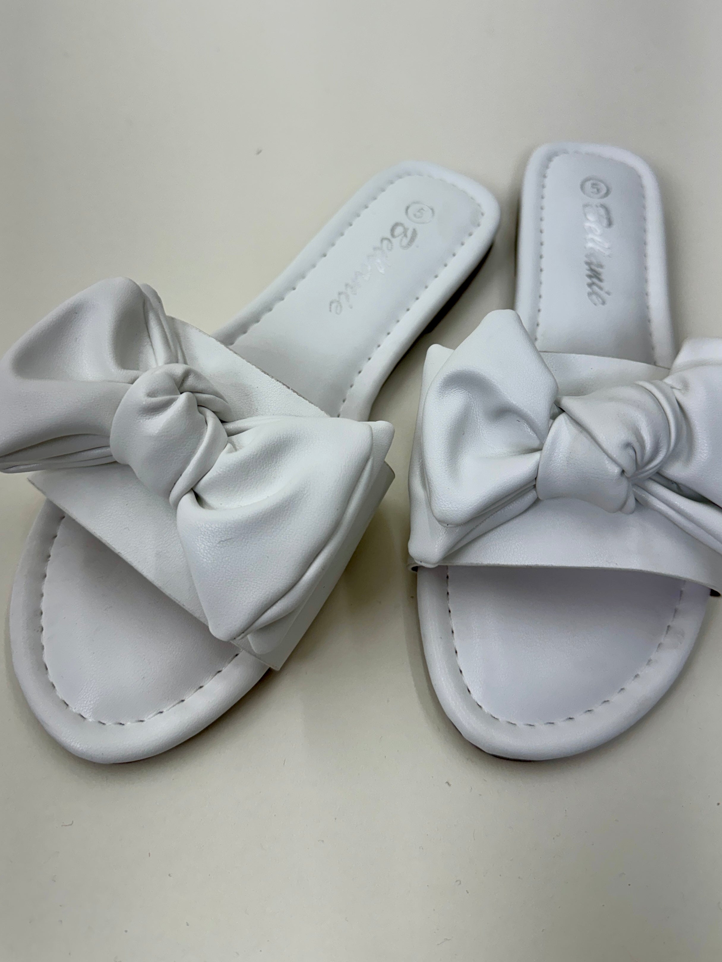 Bow Tie Slide Flat Sandals in White