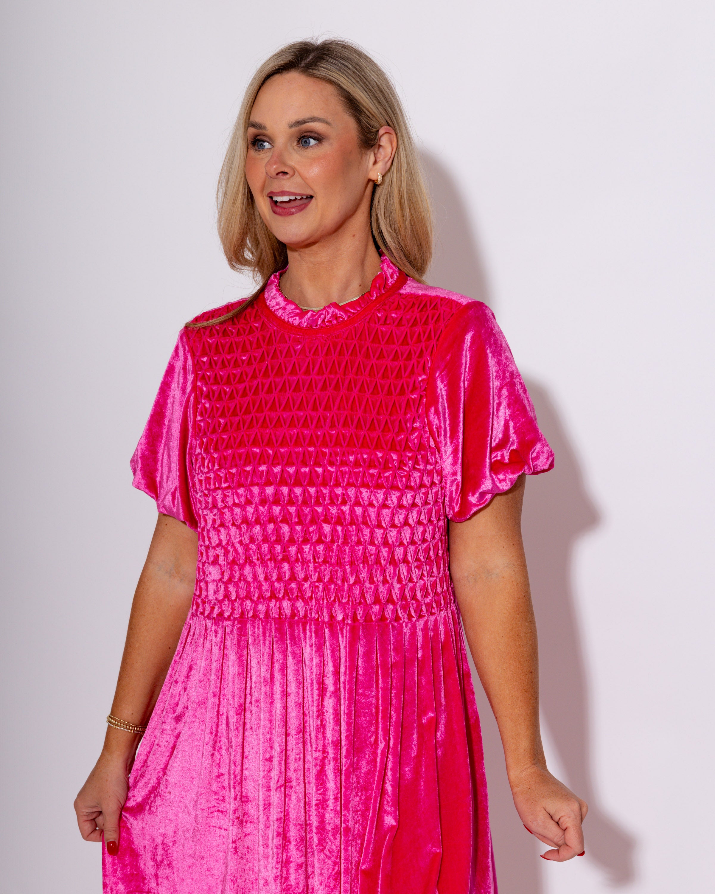 Ivy Jane | Hot Pink Velvet Smocked Dress