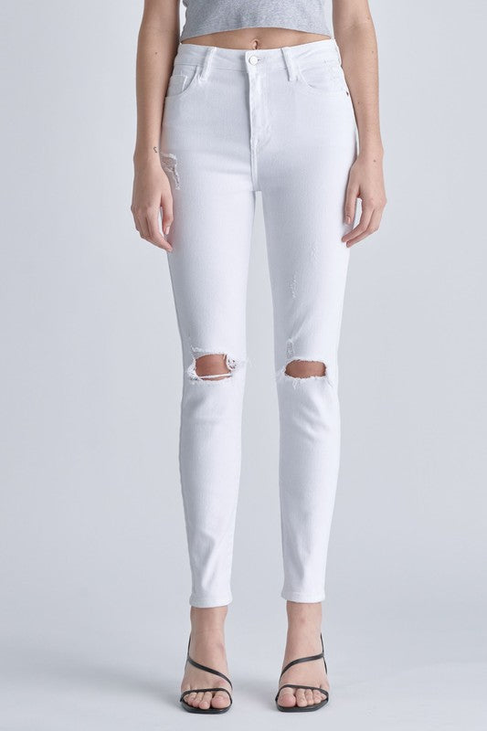 High Rise Distressed Ankle White Jeans
