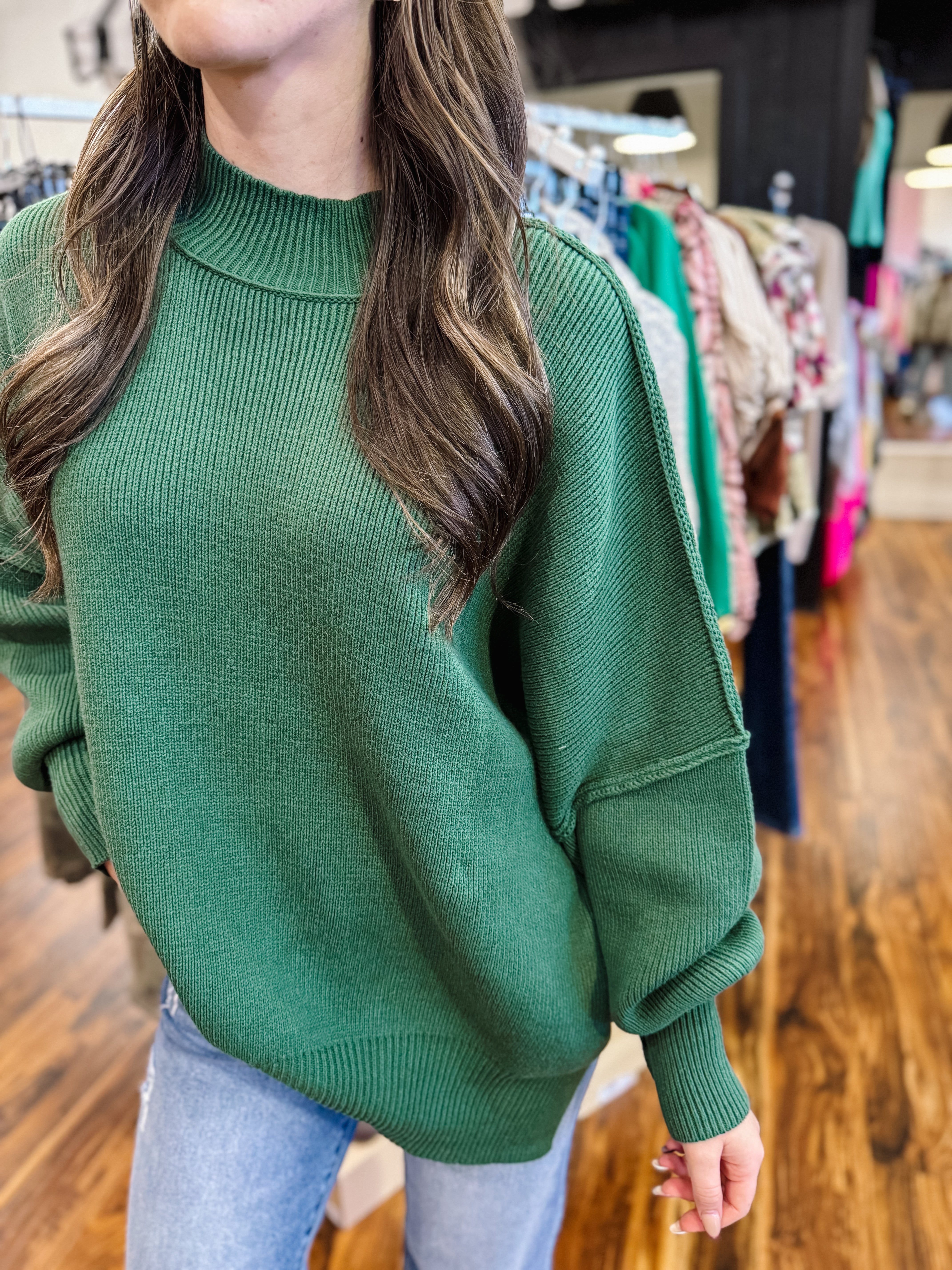 Side Slit Oversized Sweater in Dark Green