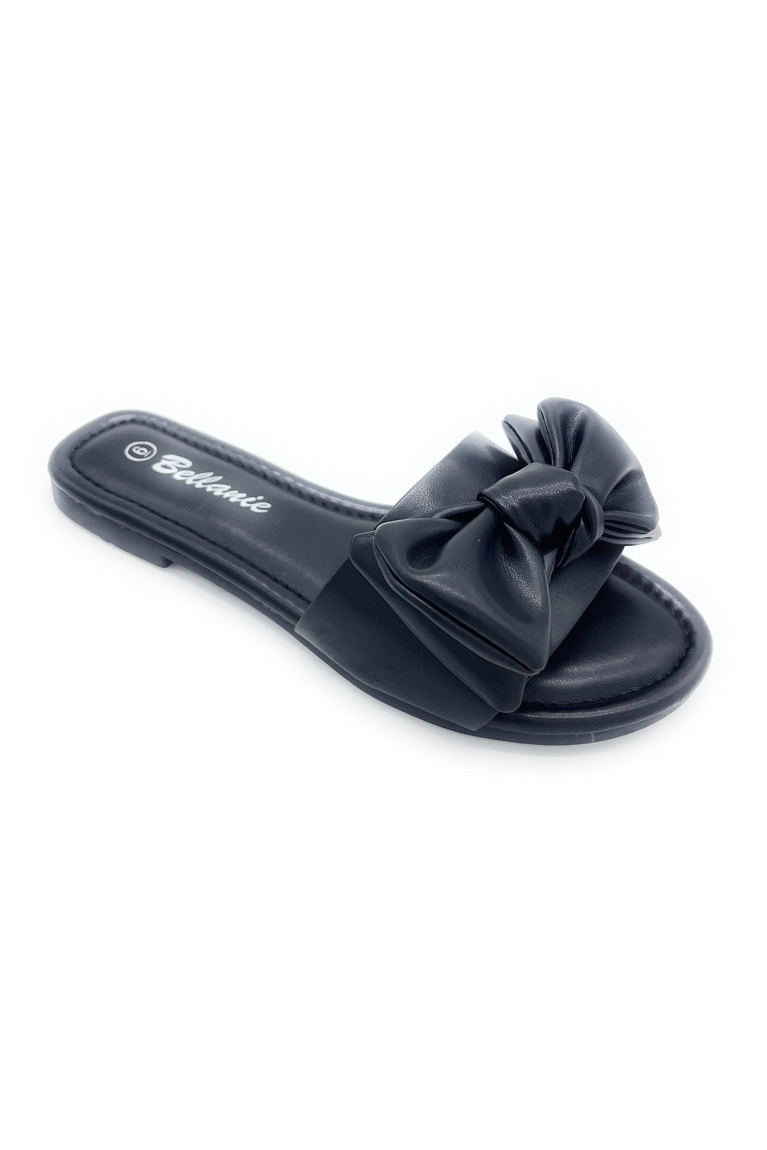 Bow Tie Slide Flat Sandals in Black