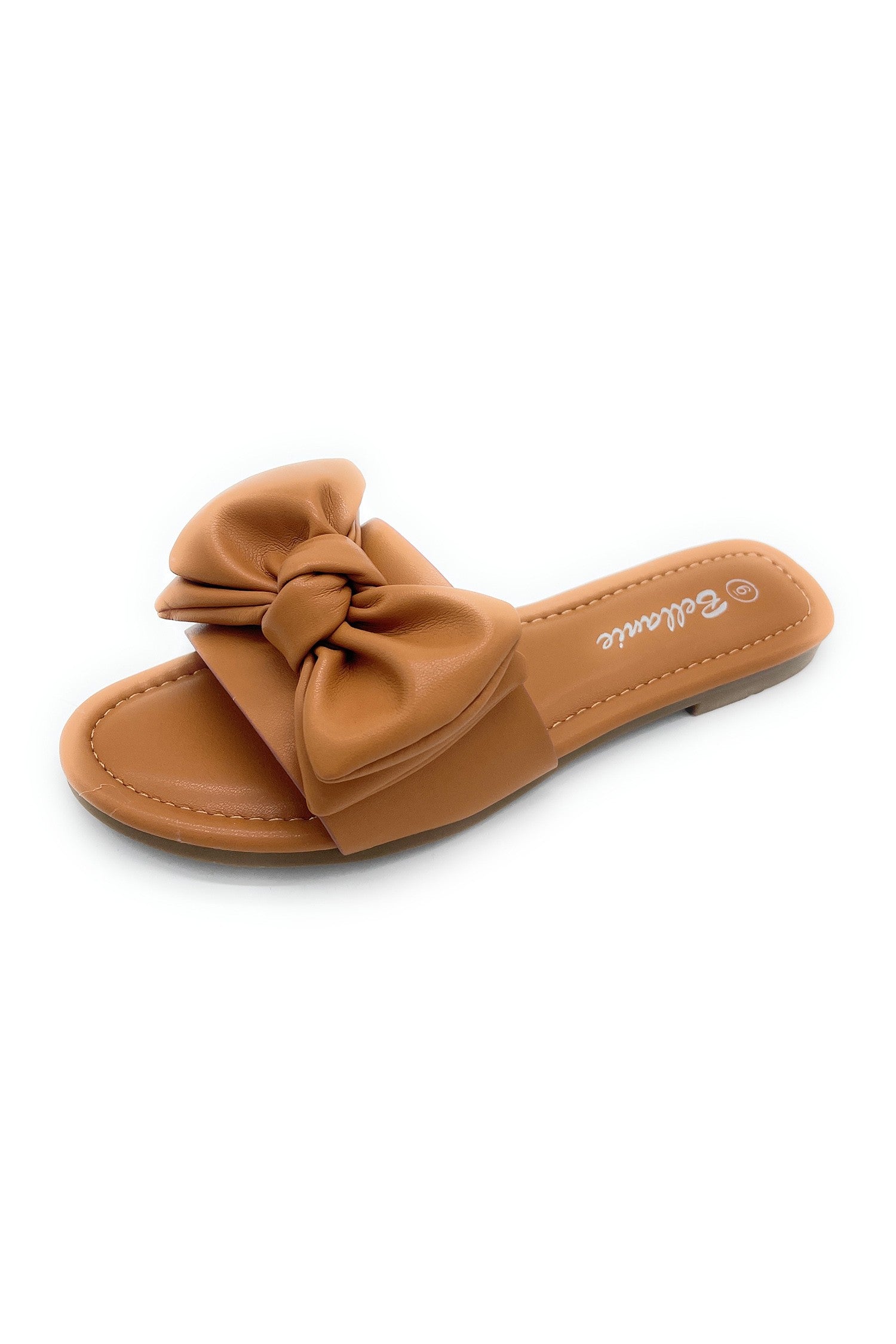 Bow Tie Slide Flat Sandals in Tan