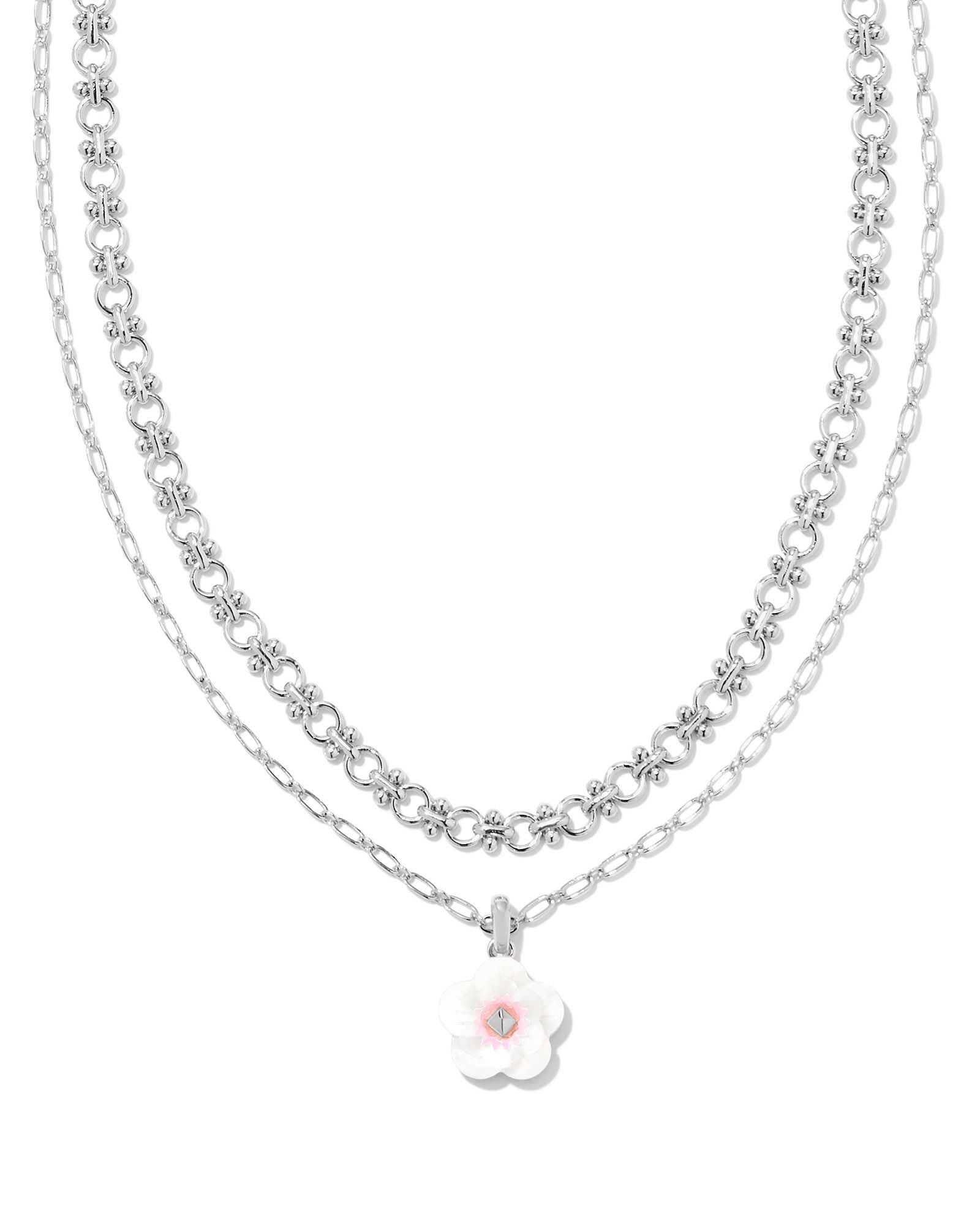 Deliah Multi Strand Necklace in Rhodium Iridescent Pink/White Mix