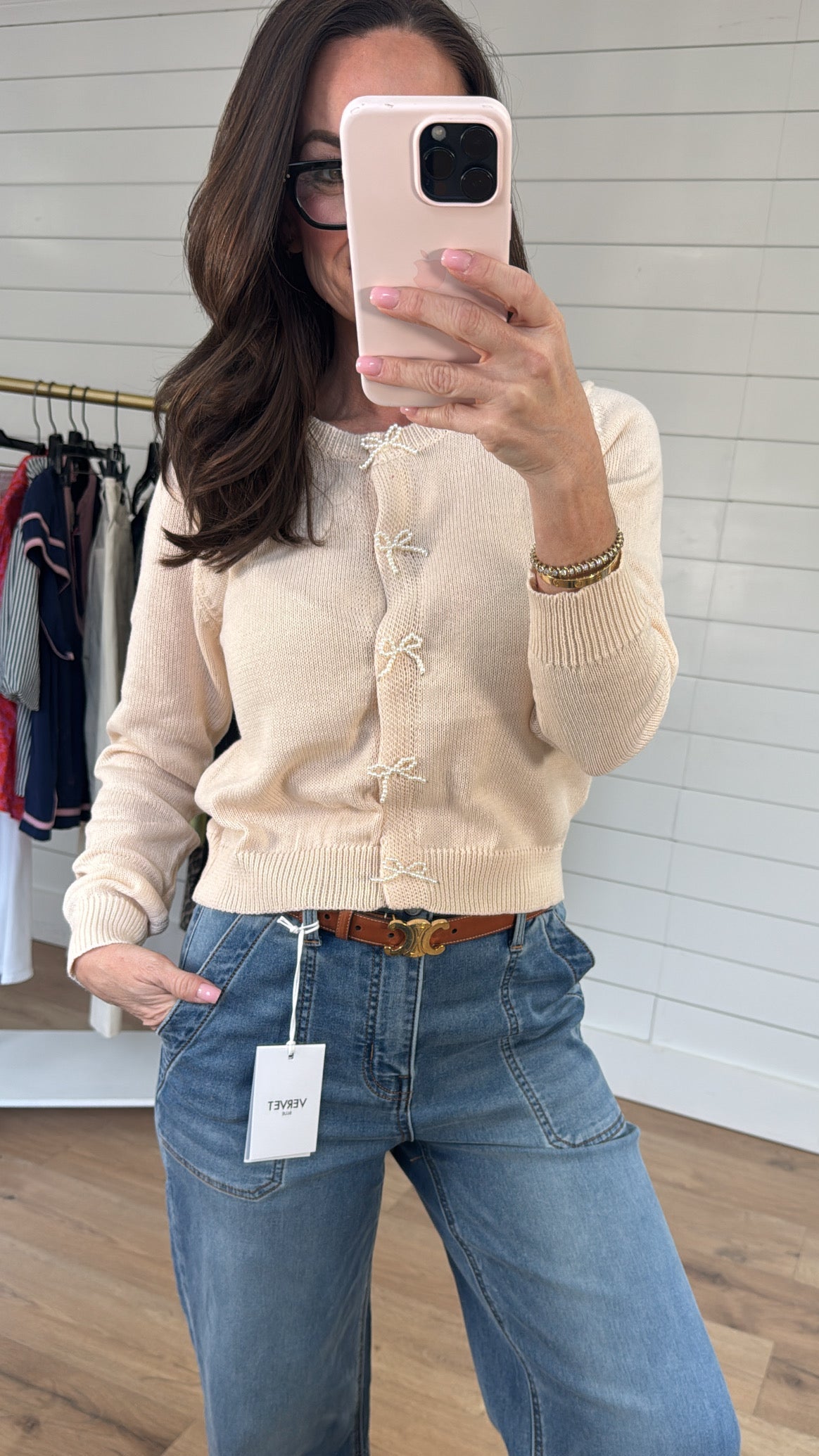 Pearl Ribbon Trimmed Button Up Cardigan