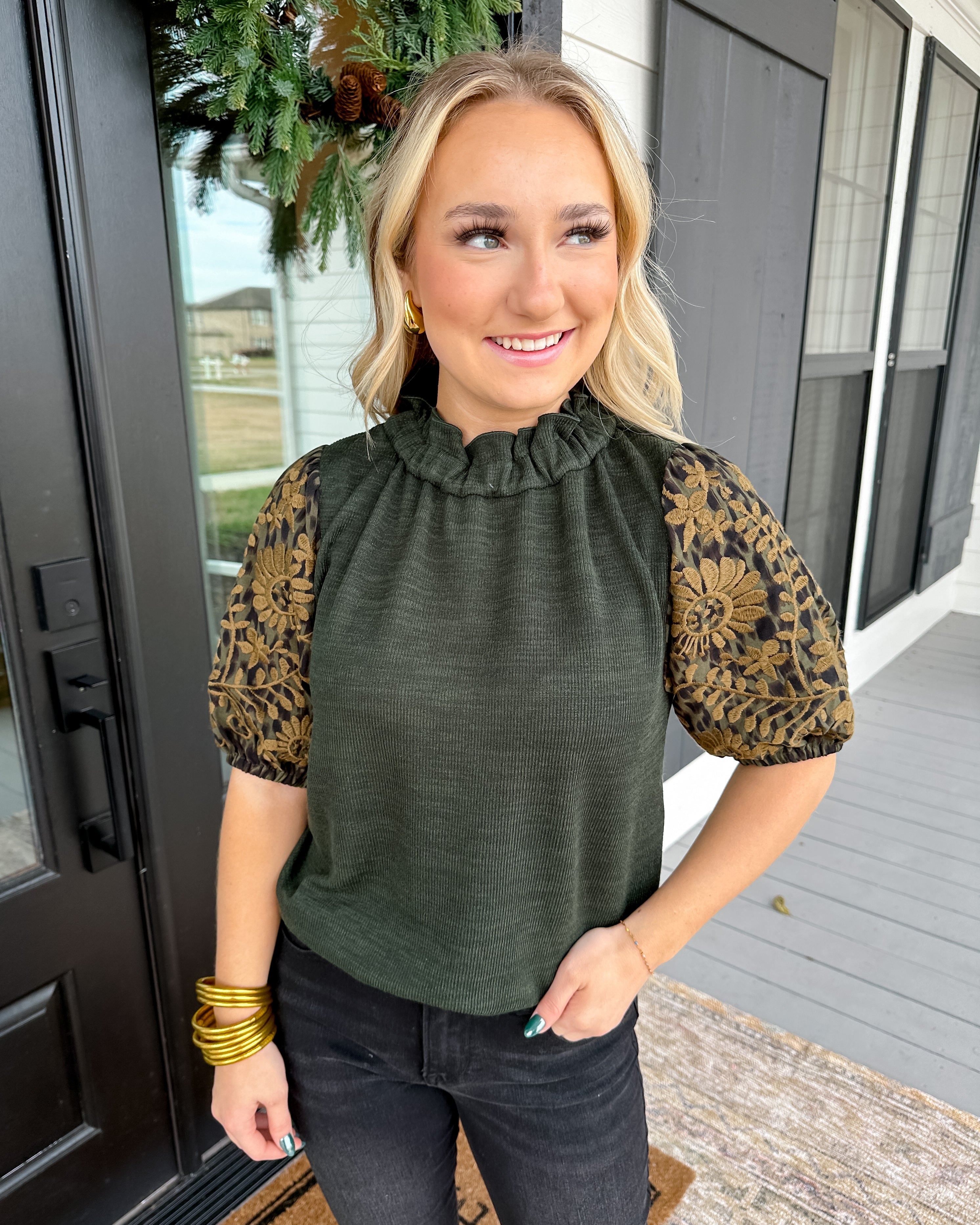 Embroidered Puff Sleeve Top in Green