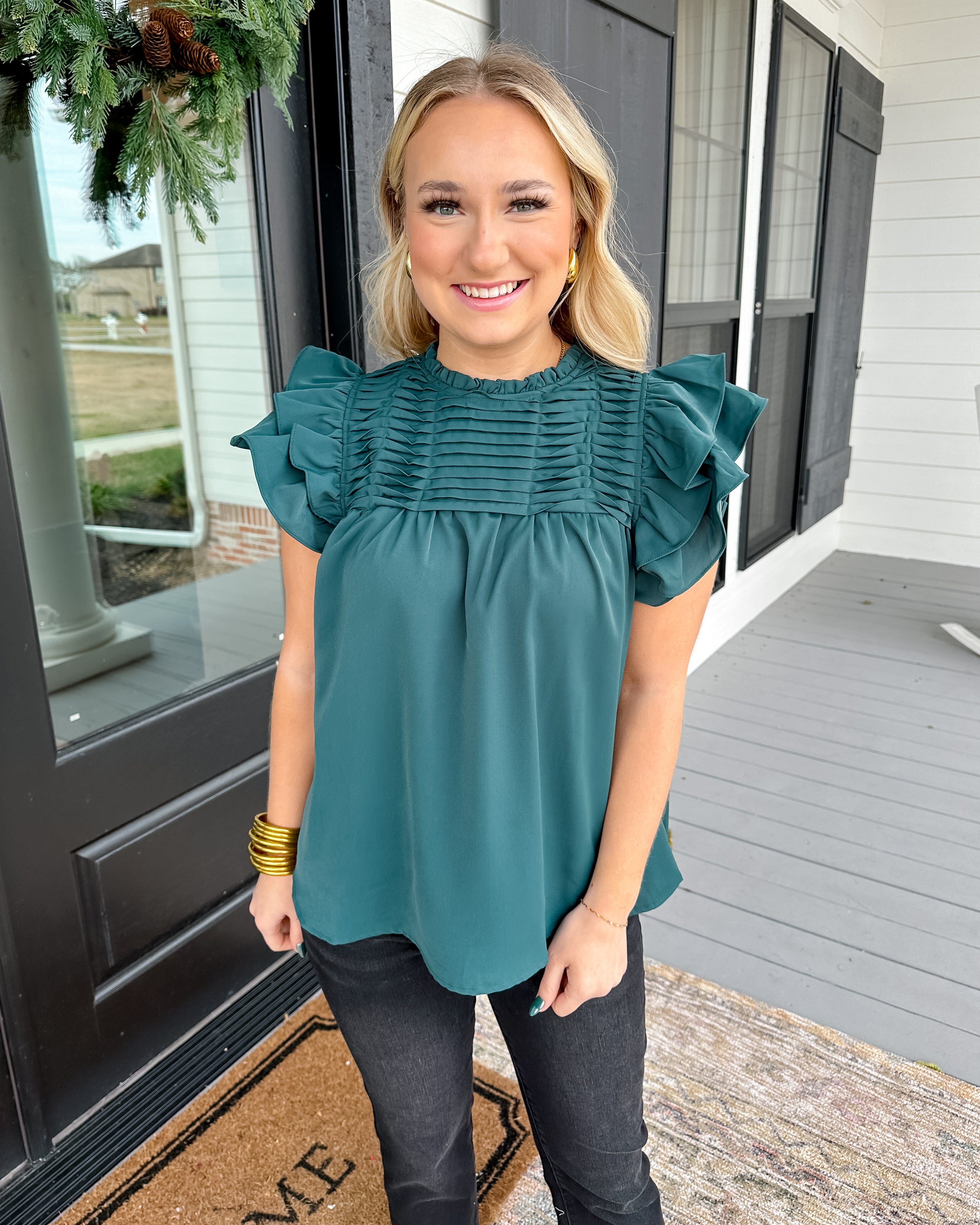 High Neck Ruffle Sleeve Top in Forest