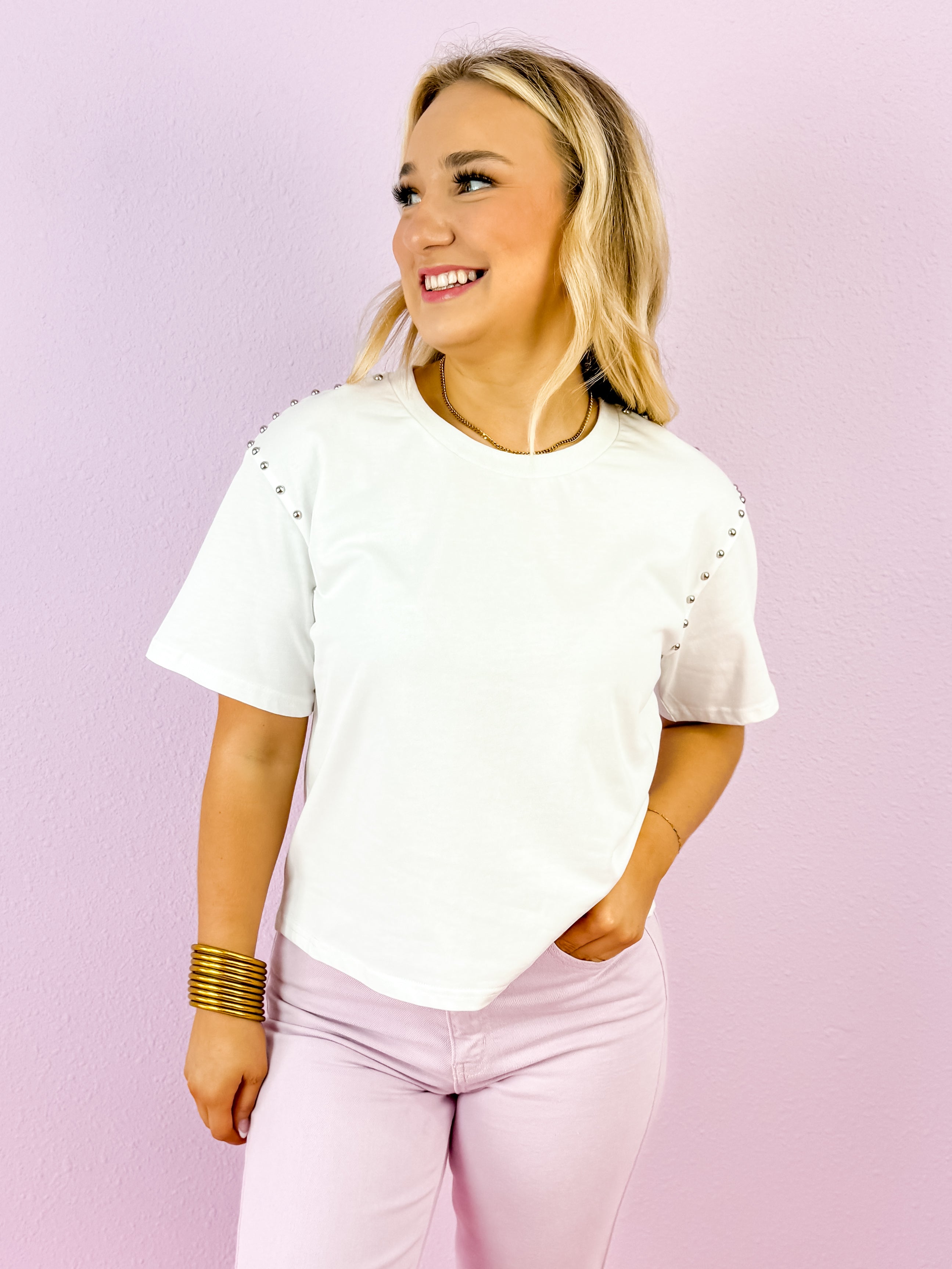 Cotton Studded Short Sleeve Crop Tee in White