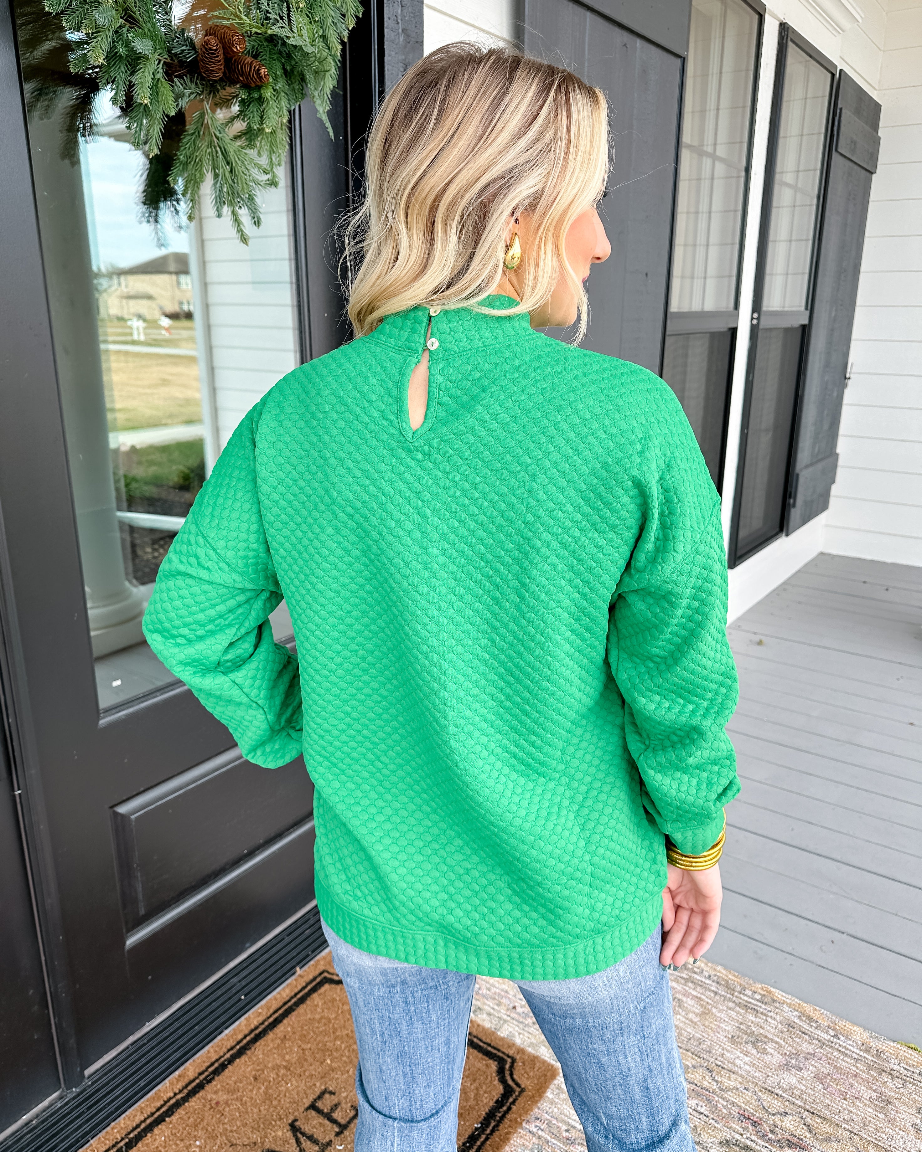 Textured Mock Neck Sweatshirts Top in Green