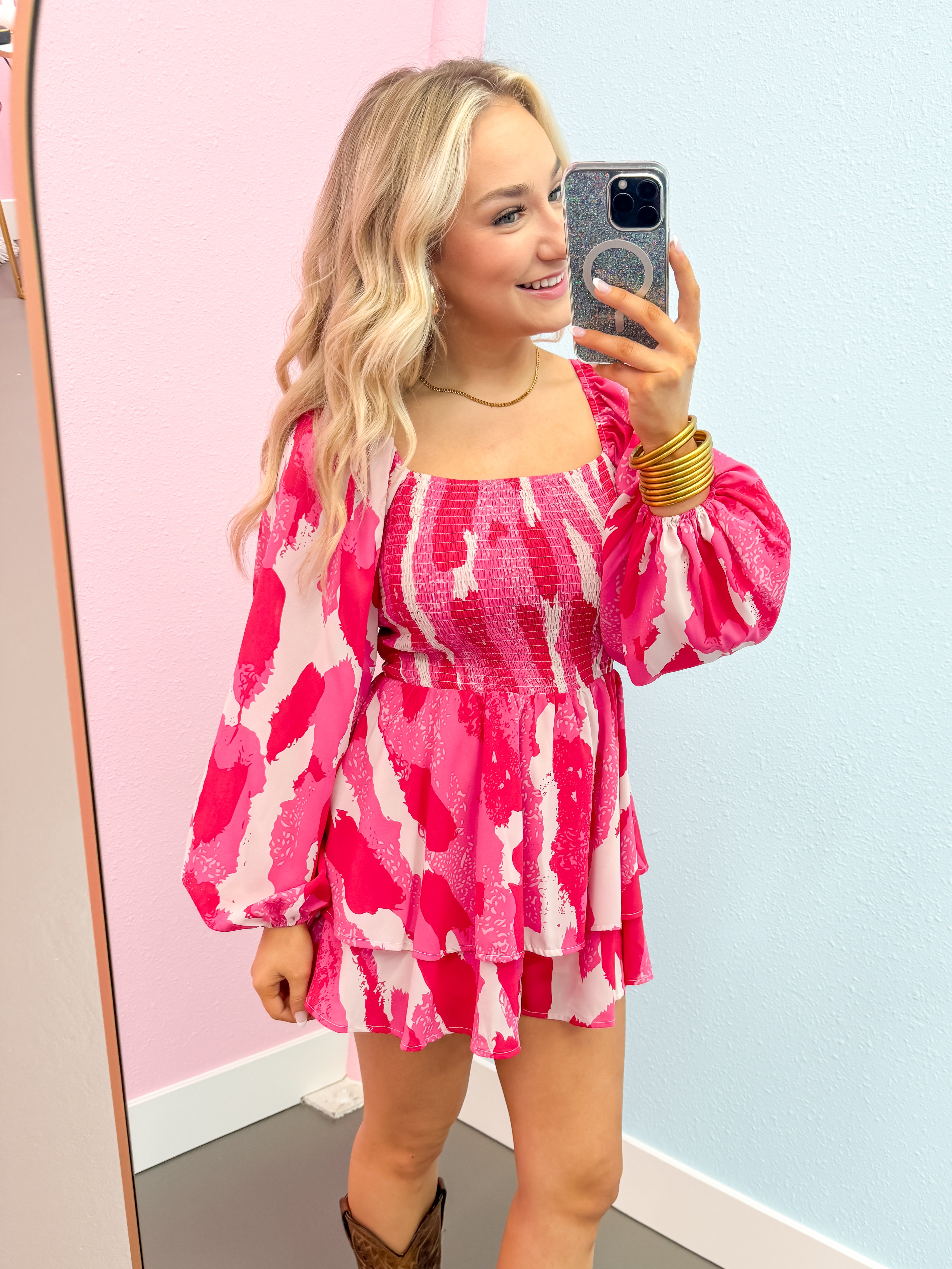 Printed Square Neck Long Sleeve Tiered Romper