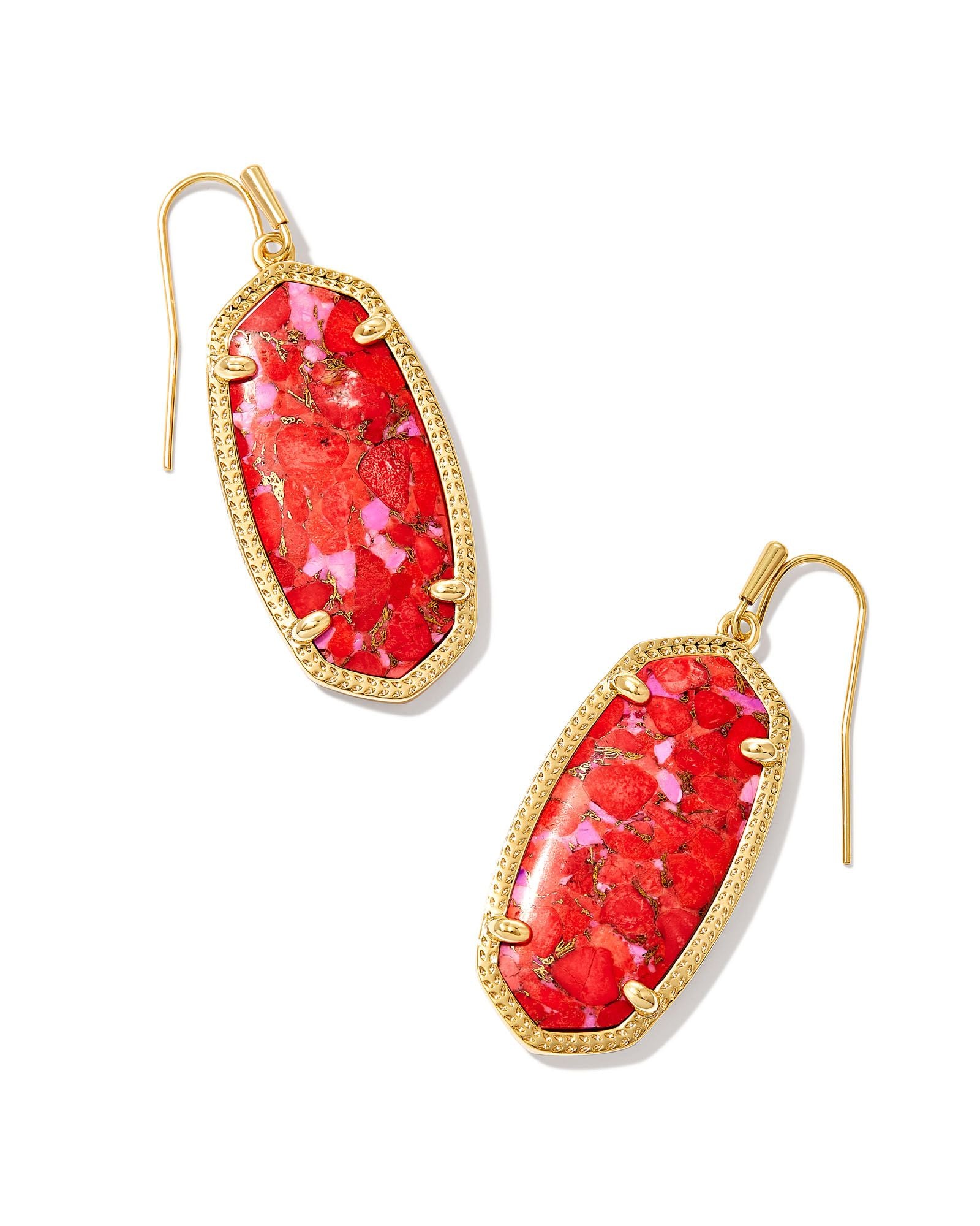 Elle Earring in Gold Bronze Veined Red and Fuchsia Magnesite