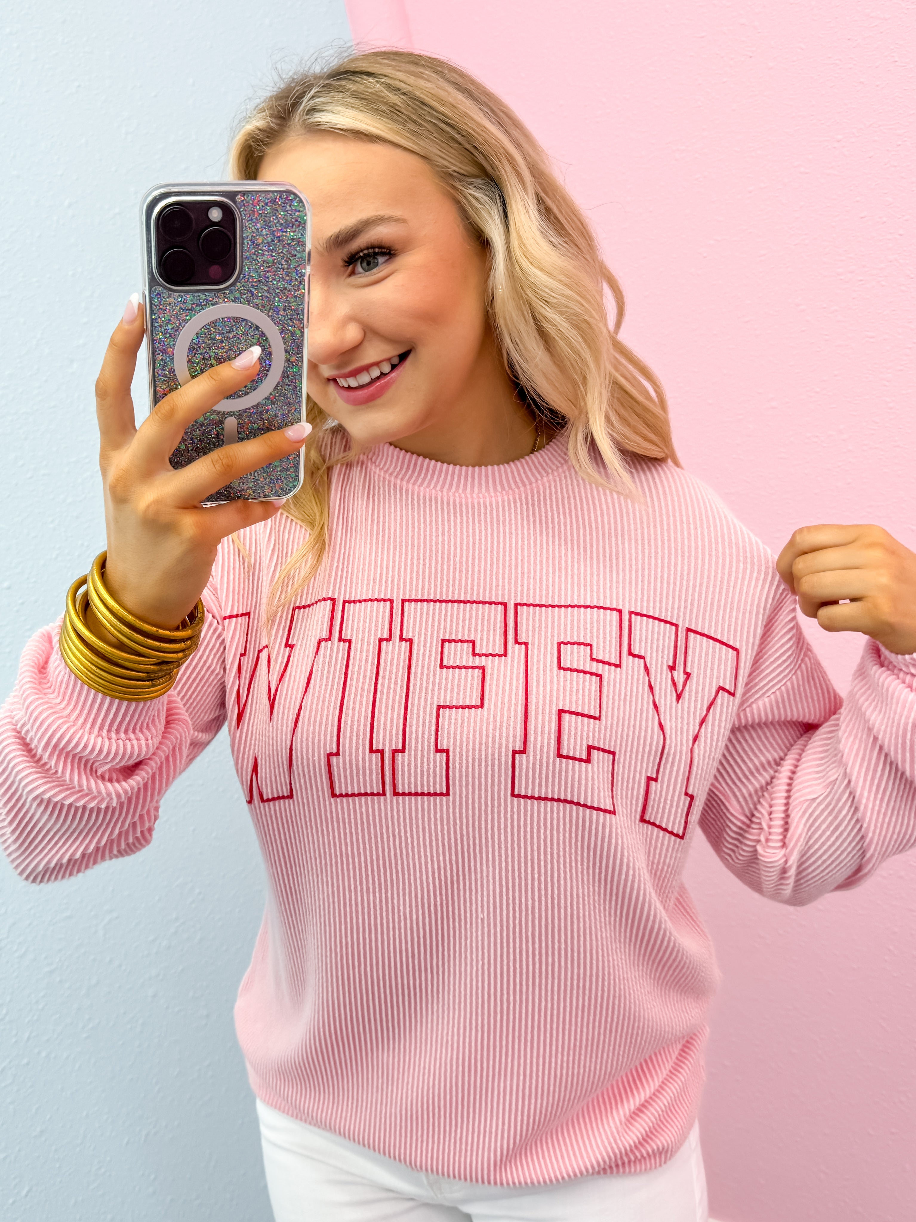 "WIFEY" Graphic Ribbed Long Sleeve Pullover