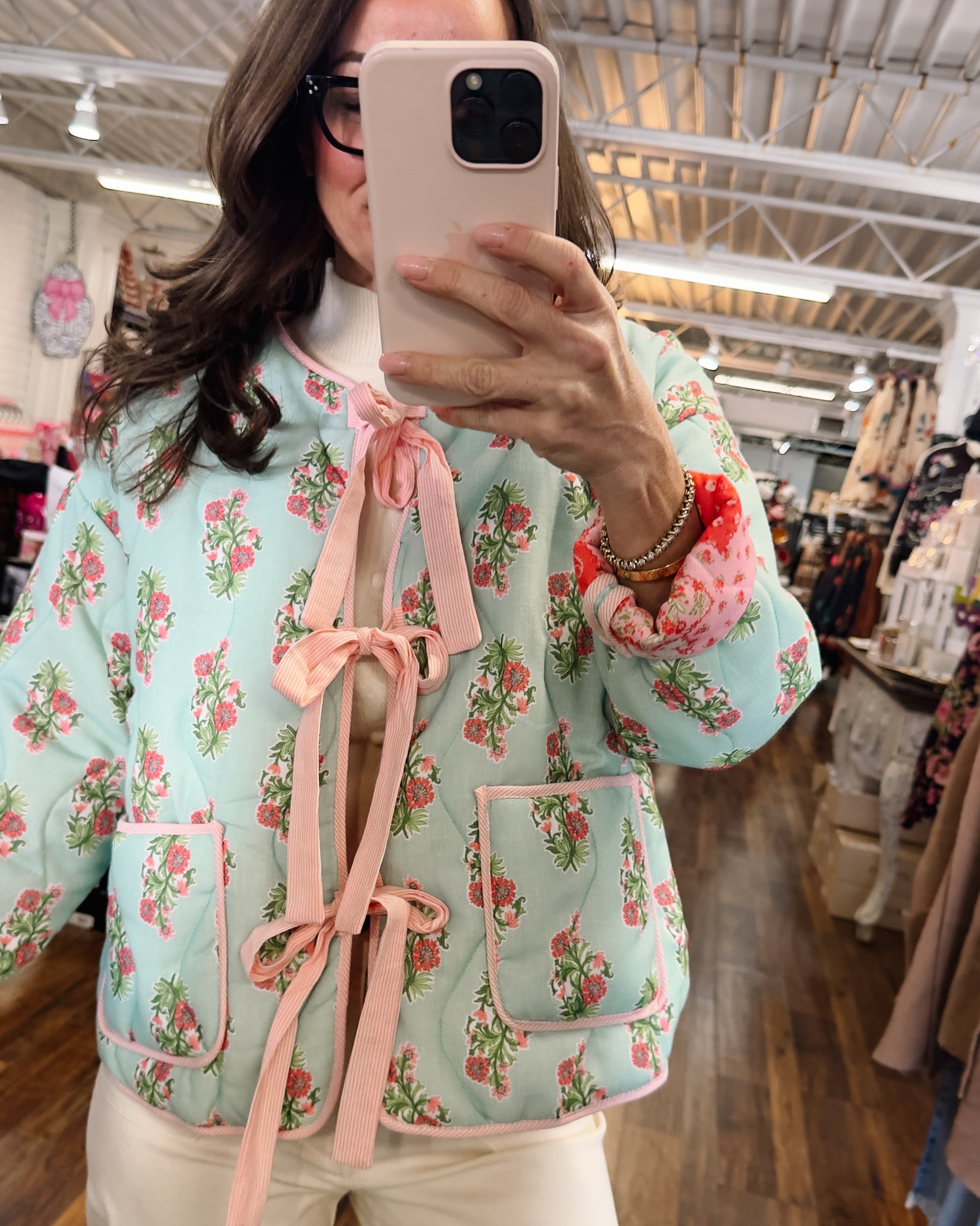 Reversible Cotton Print Quilted Jacket with Bows