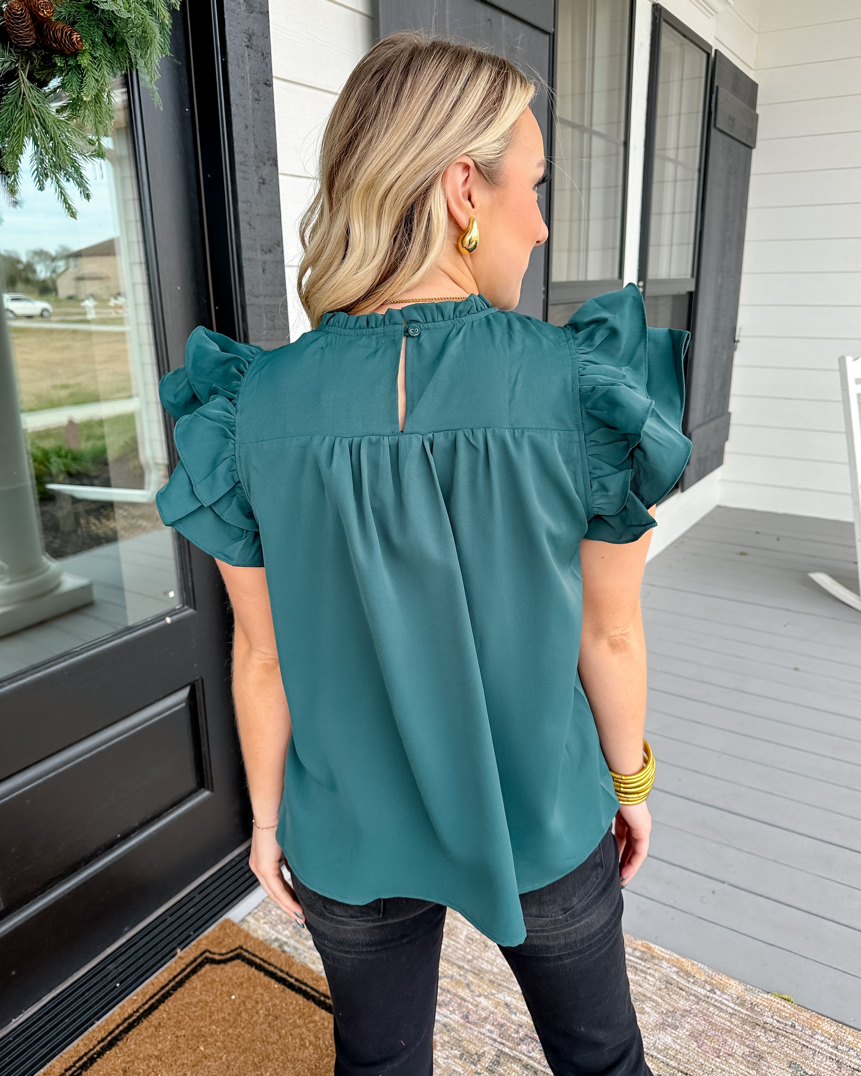 High Neck Ruffle Sleeve Top in Forest