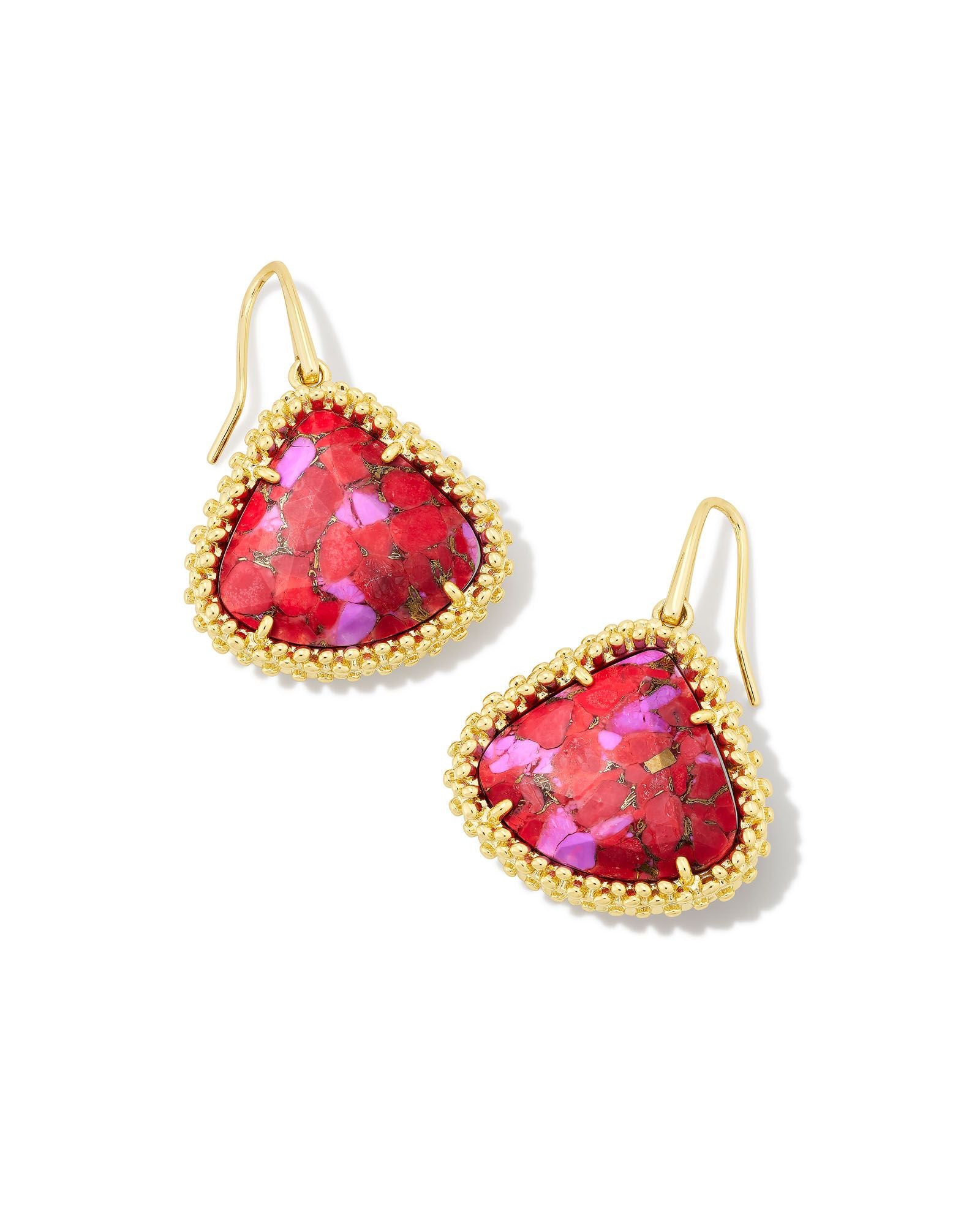 Framed Kendall Large Drop Earring in Gold Bronze Veined Red and Fuchsia Magnesite