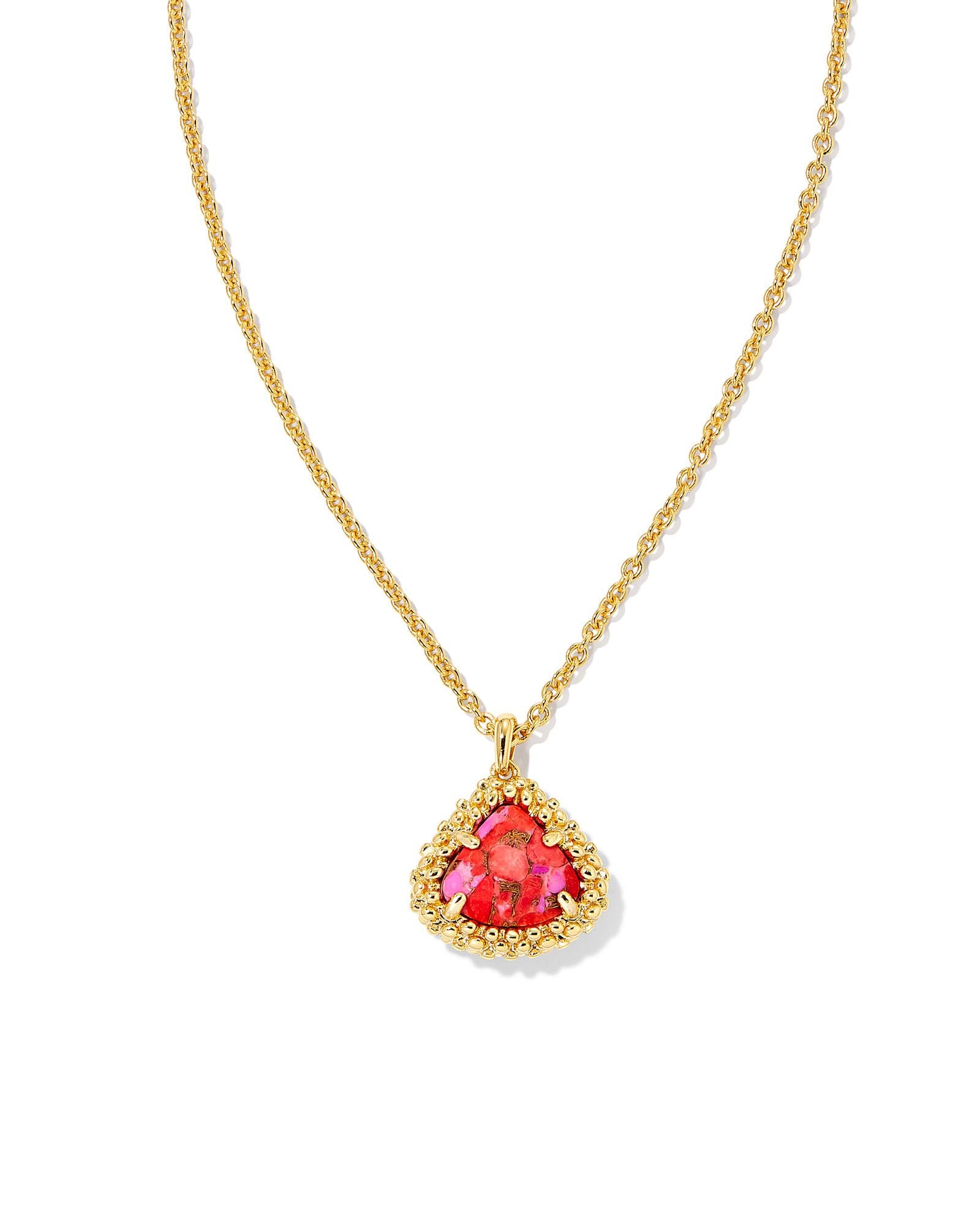 Framed Kendall Short Pendant Necklace in Gold Bronze Veined Red and Fuchsia Magnesite