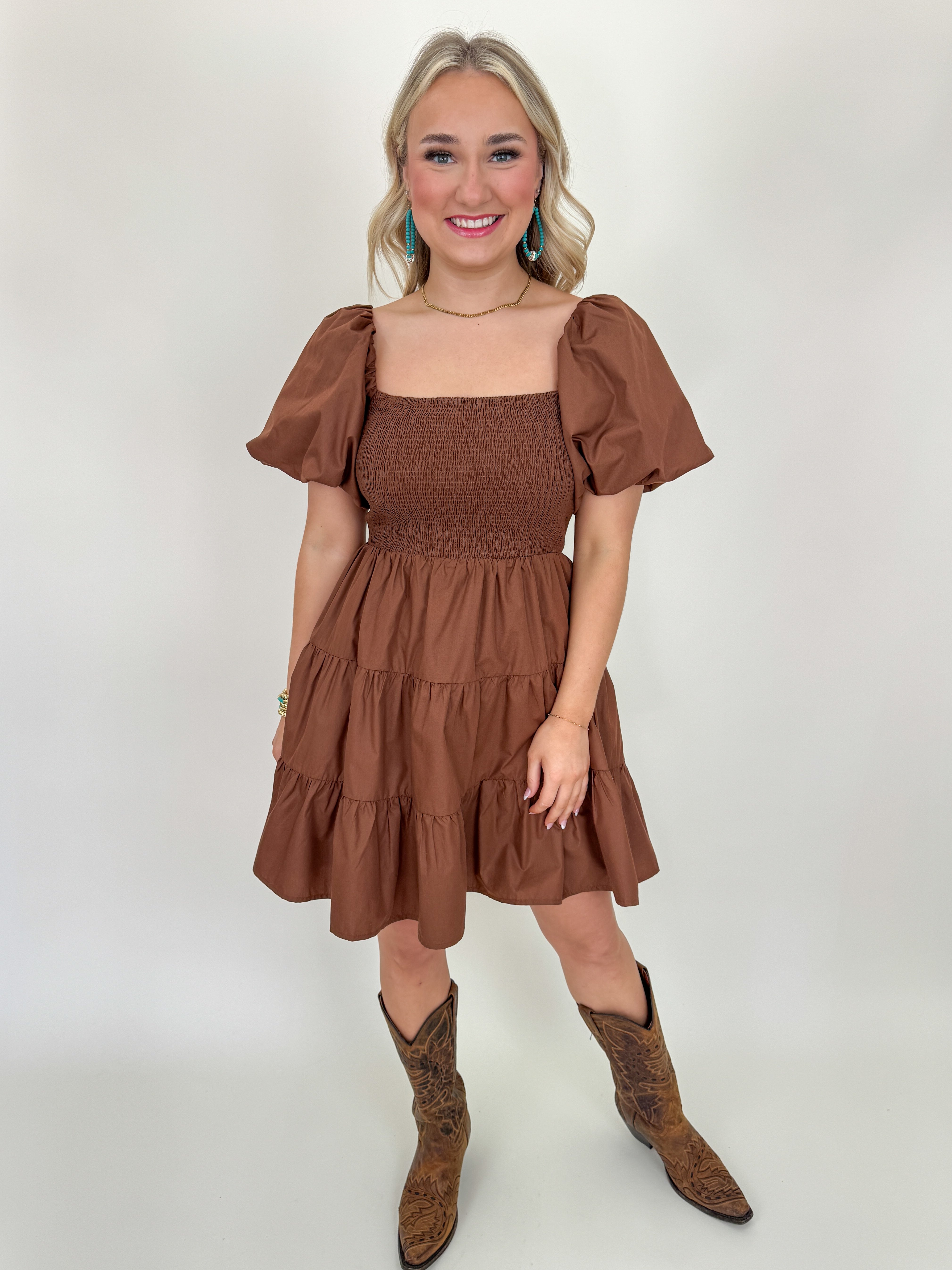 Puff Sleeve Smocked Mini Dress in Brown