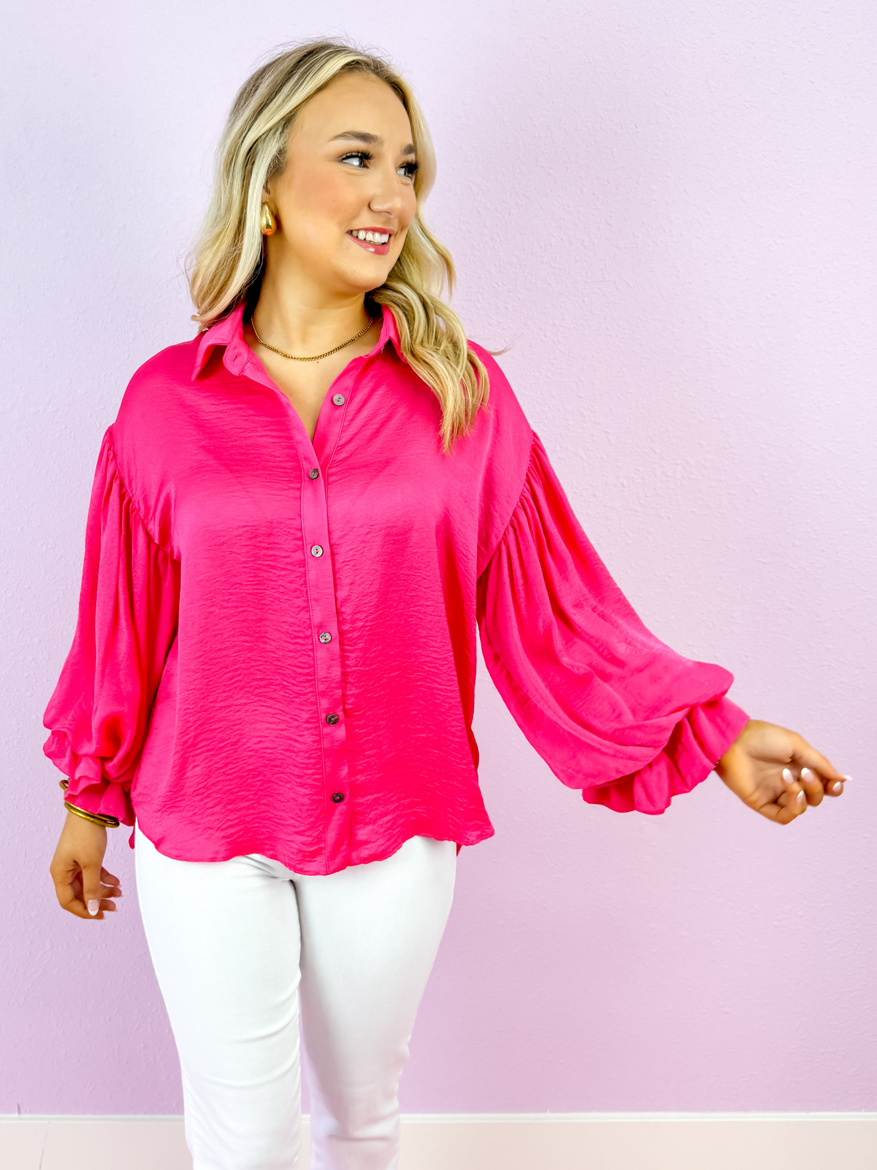 Satin Collared Button-Down Top in Hot Pink