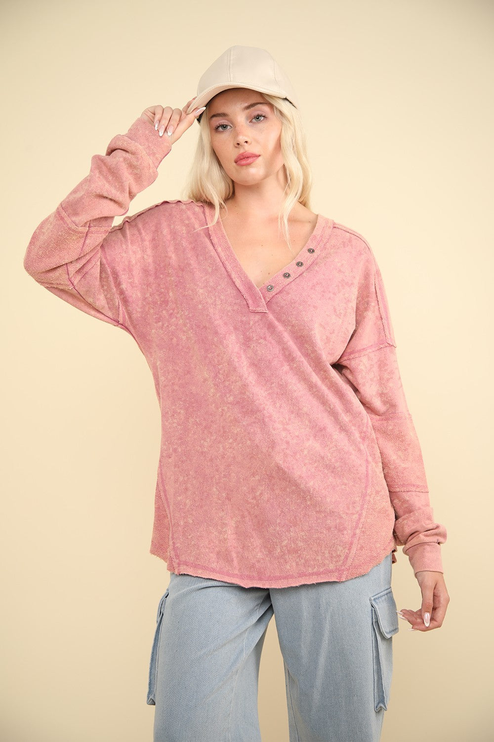 Washed Knit V-Neck Oversized Top in Mauve