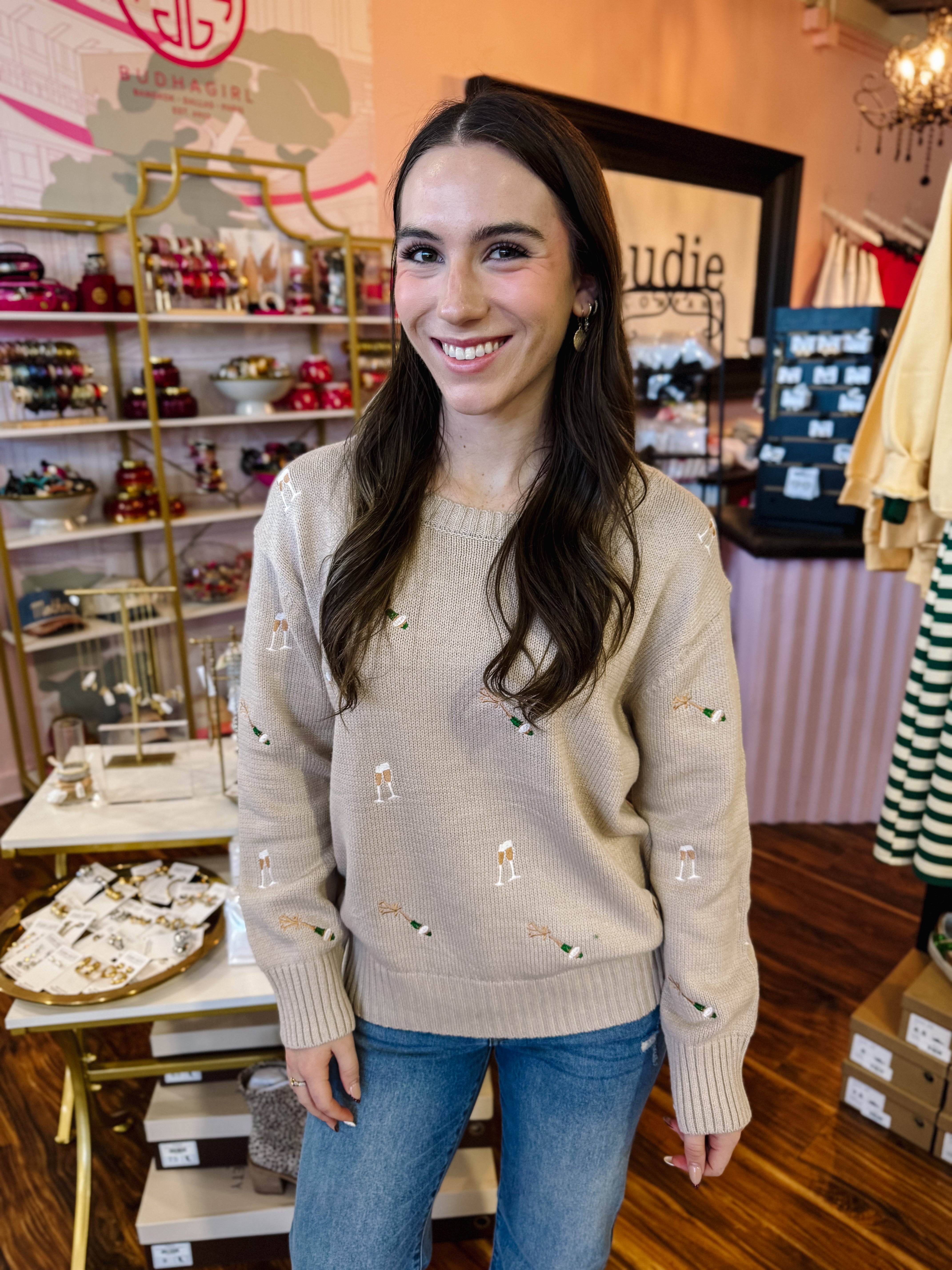 Embroidered Champagne Bottles Sweater Top