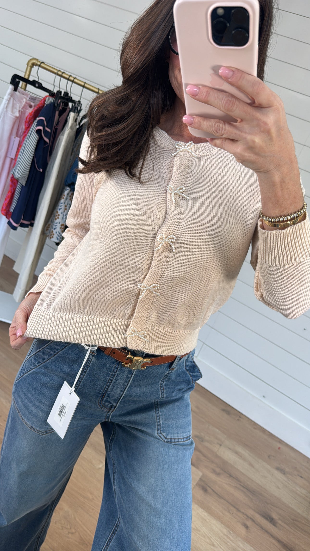 Pearl Ribbon Trimmed Button Up Cardigan