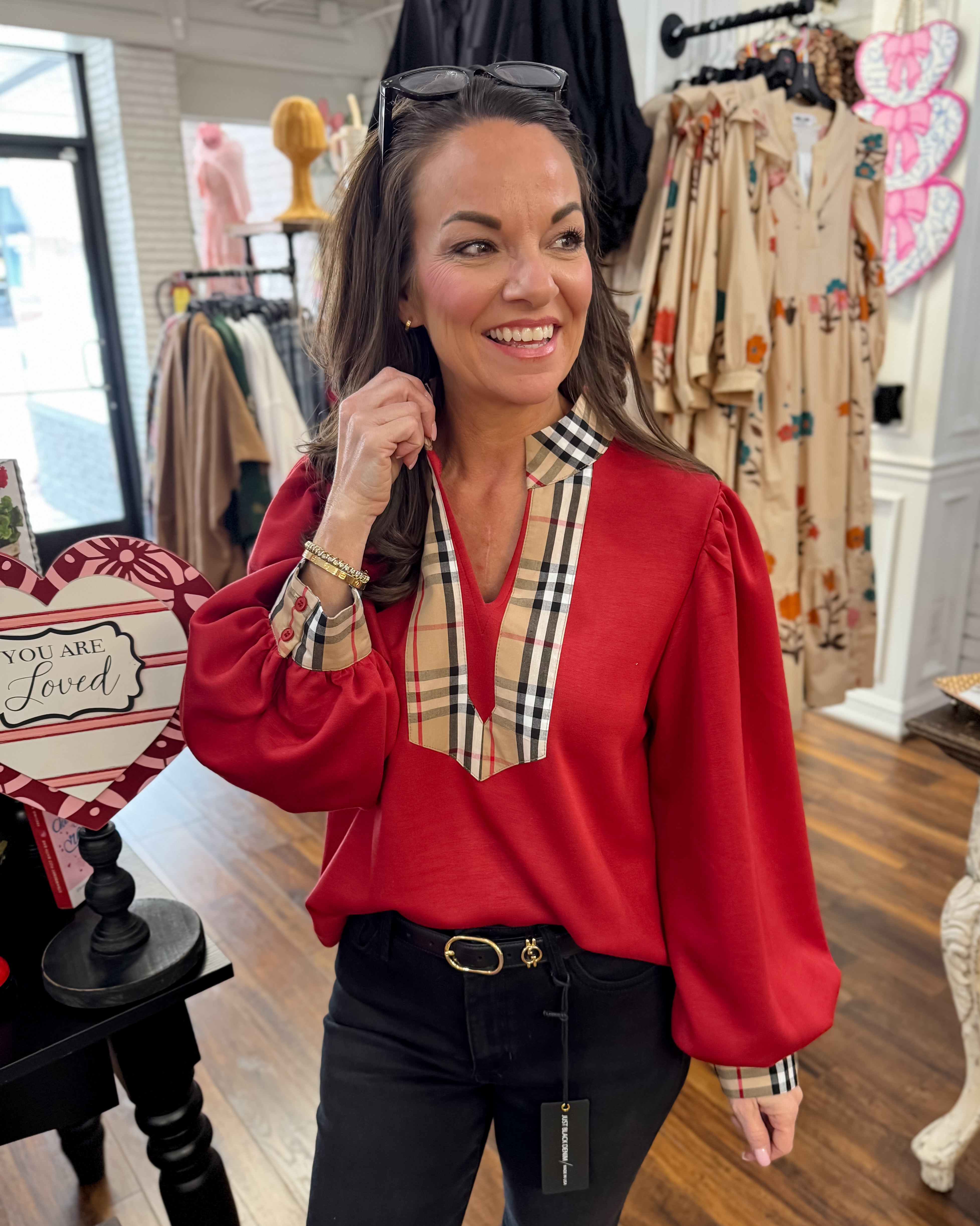 Classic Plaid Accent Top in Red