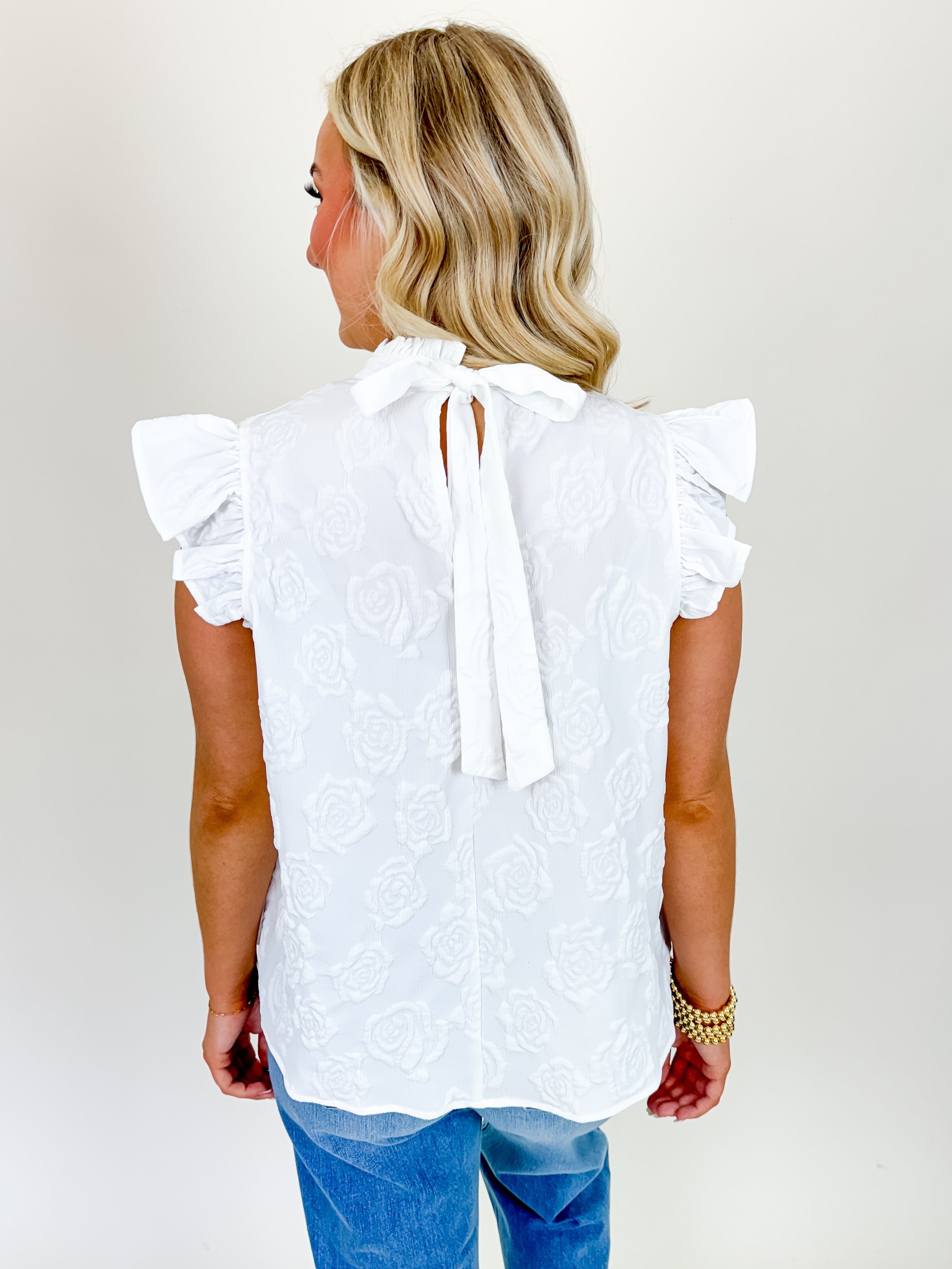 Ruffle Sleeve Tie Back Floral Textured Top