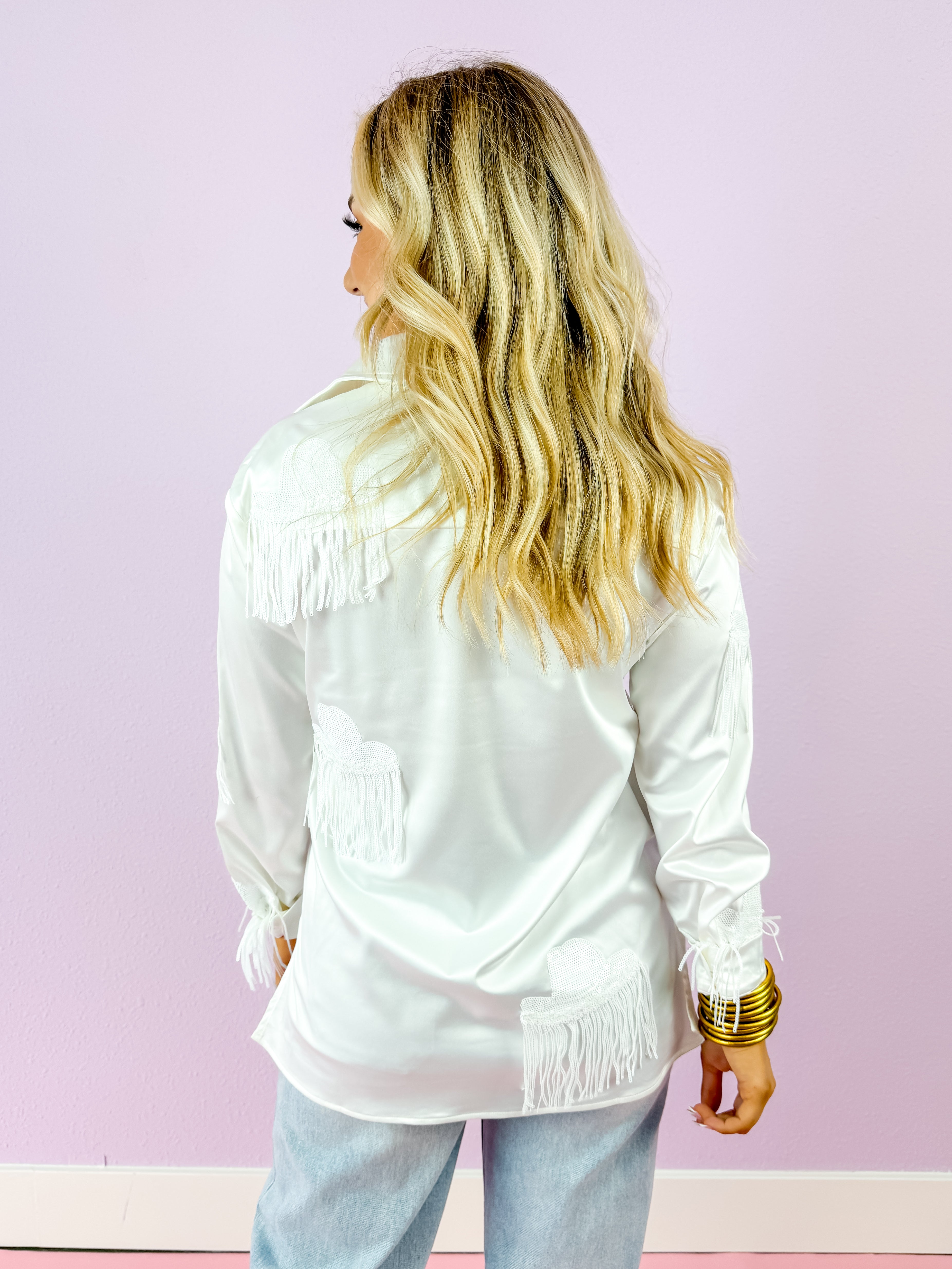 White Western Hat Sequin Fringe Shirt Blouse