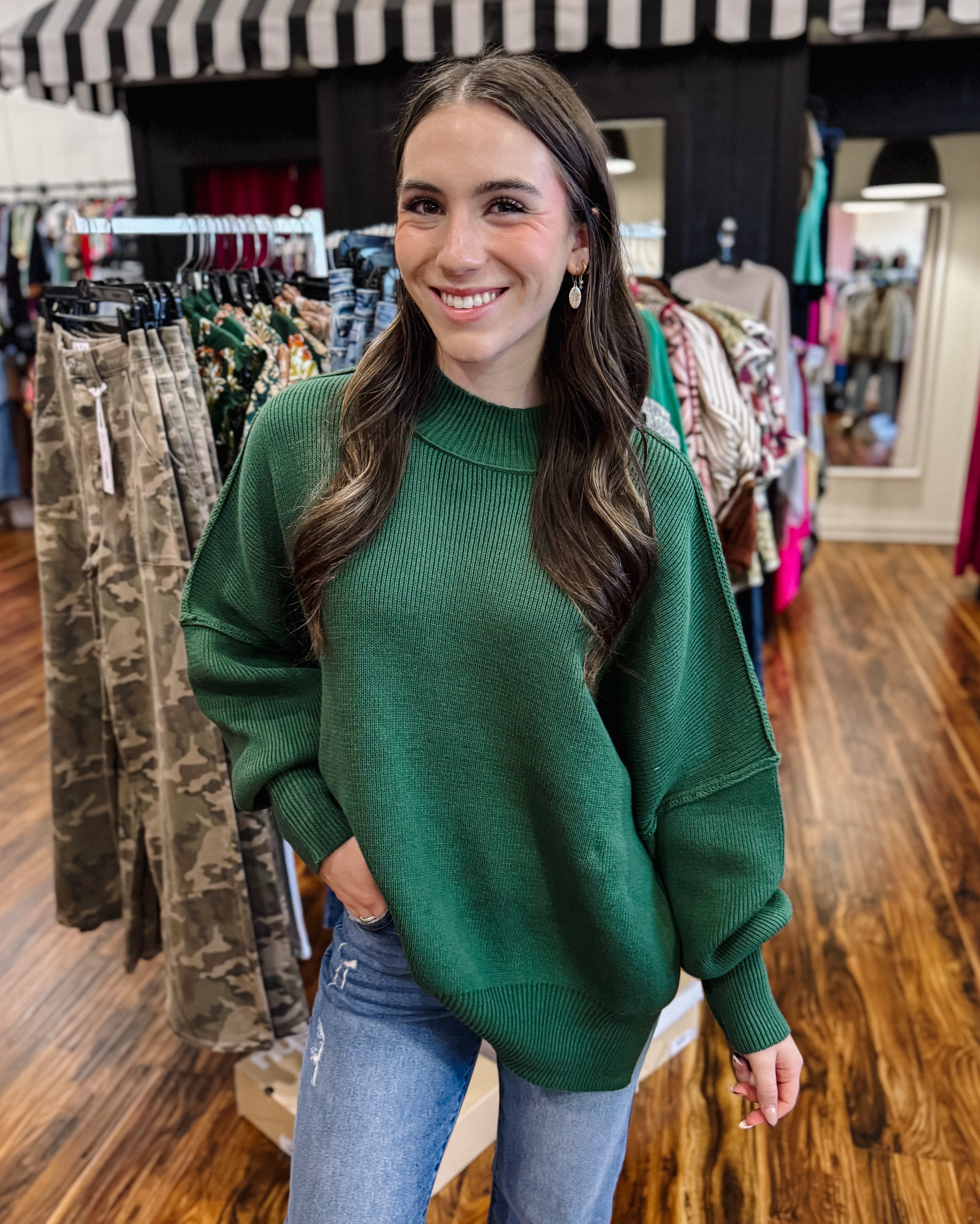 Side Slit Oversized Sweater in Dark Green