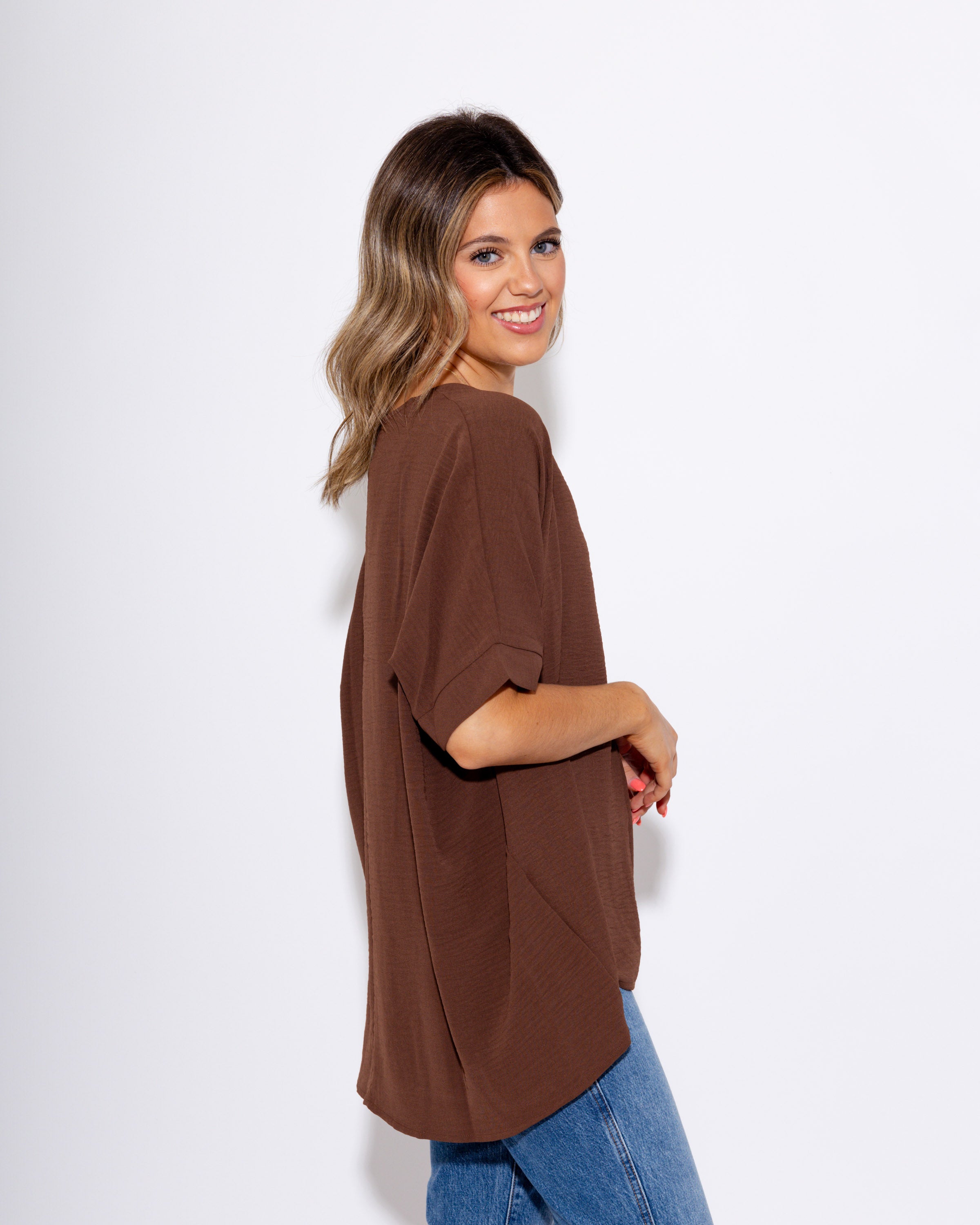 The Easy Breezy V-Neck Top in Brown