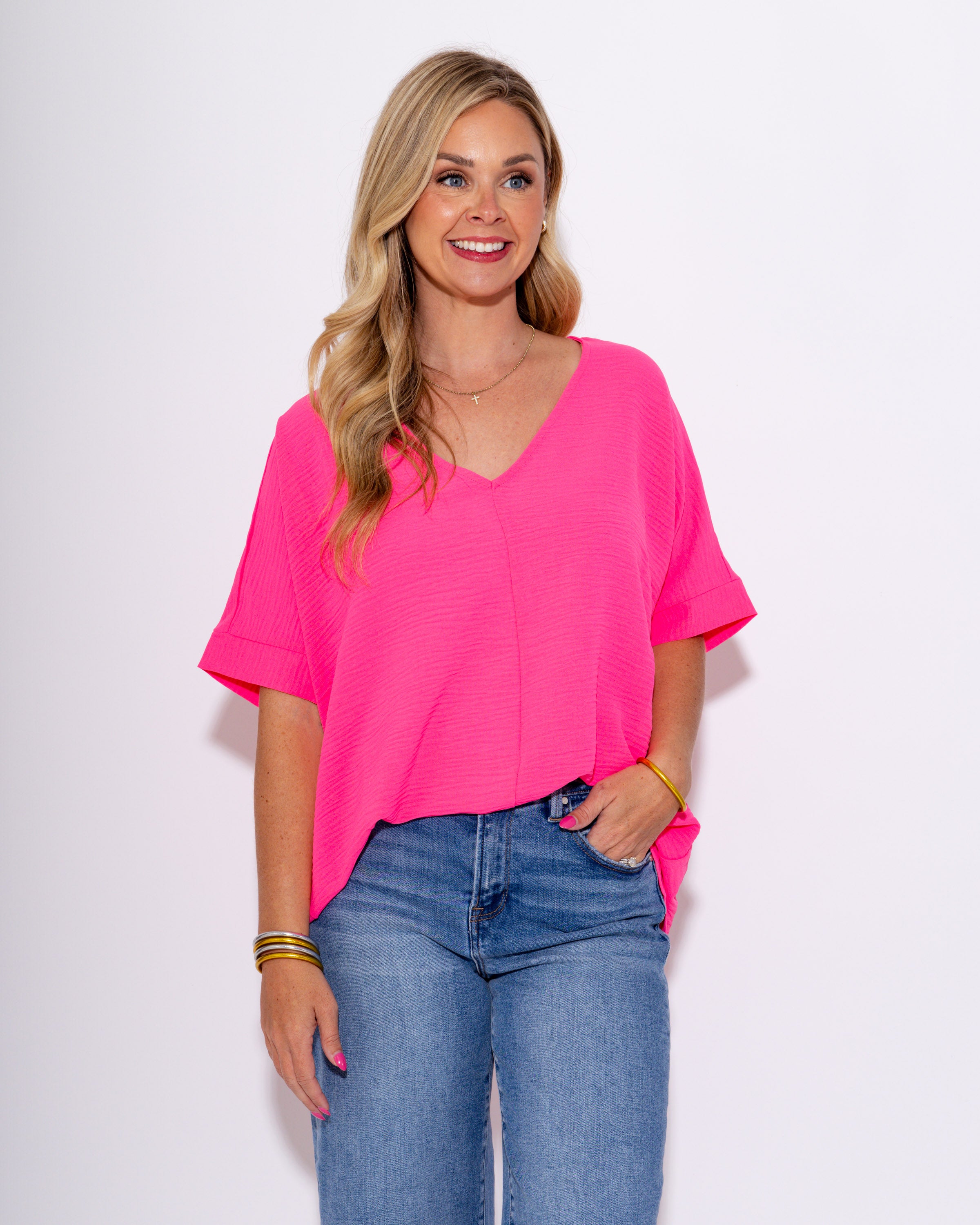 The Easy Breezy V-Neck Top in Neon Fuchsia