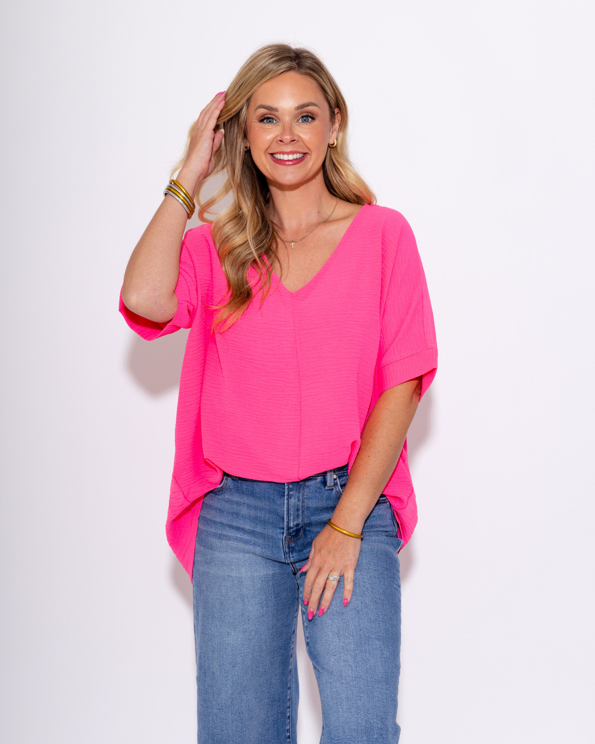 The Easy Breezy V-Neck Top in Neon Fuchsia