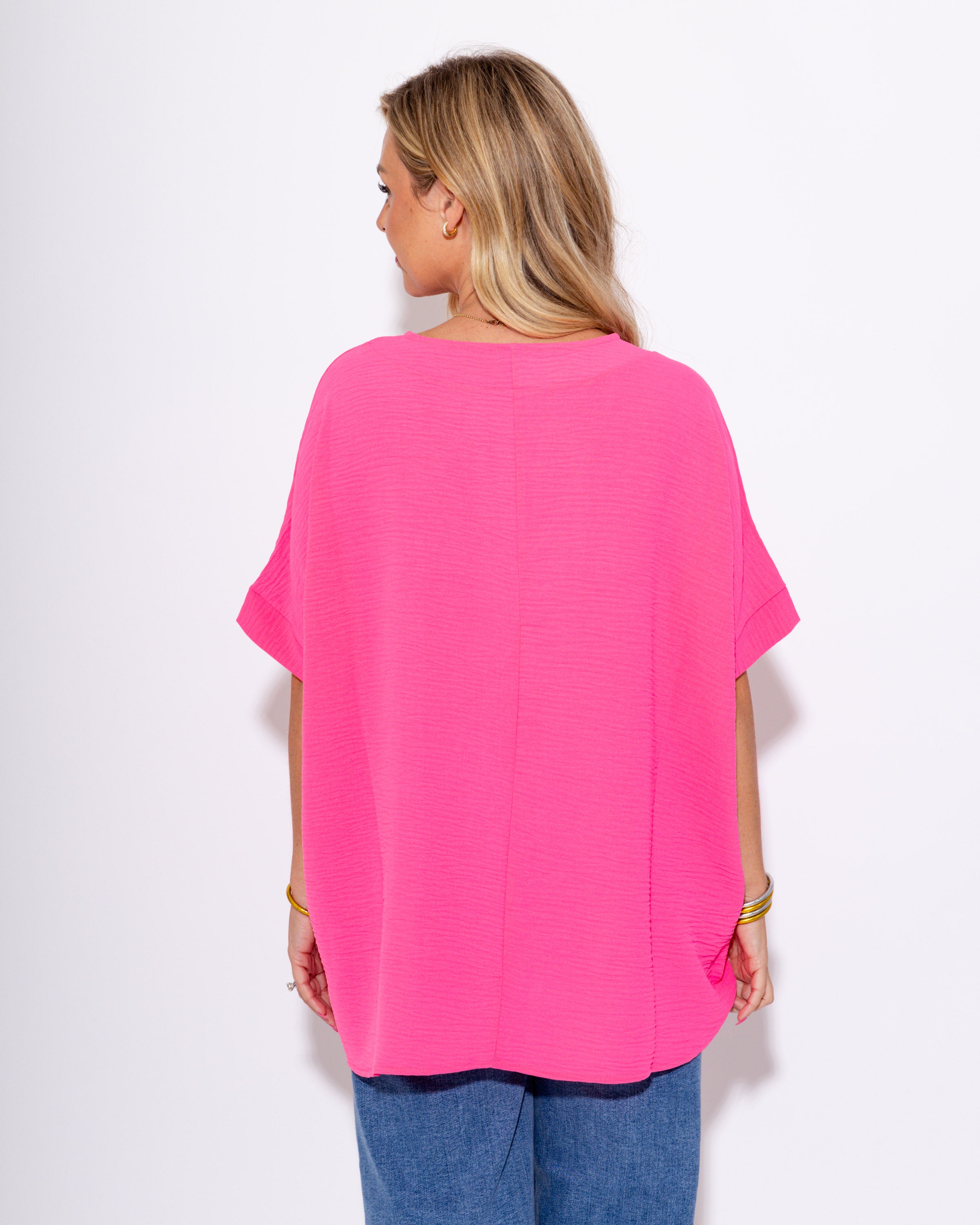 The Easy Breezy V-Neck Top in Neon Fuchsia