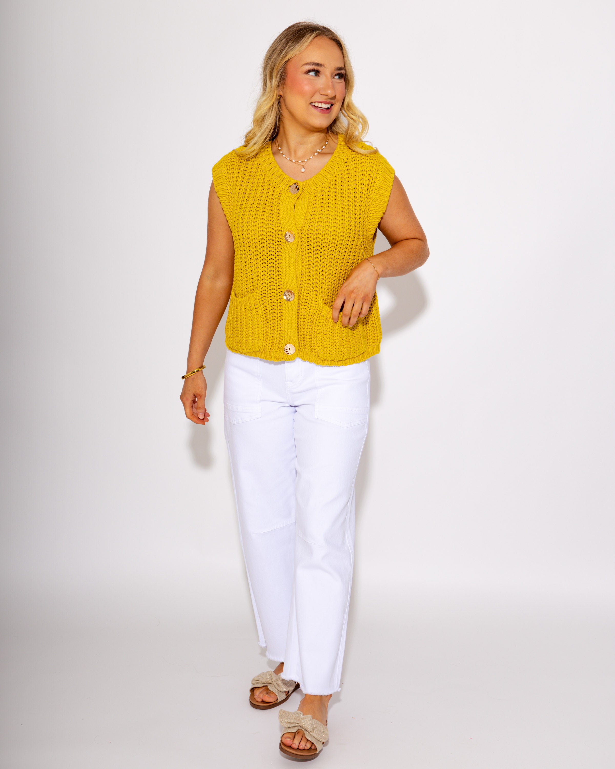 Game Day Knit and Go Button Up Vest in Mustard