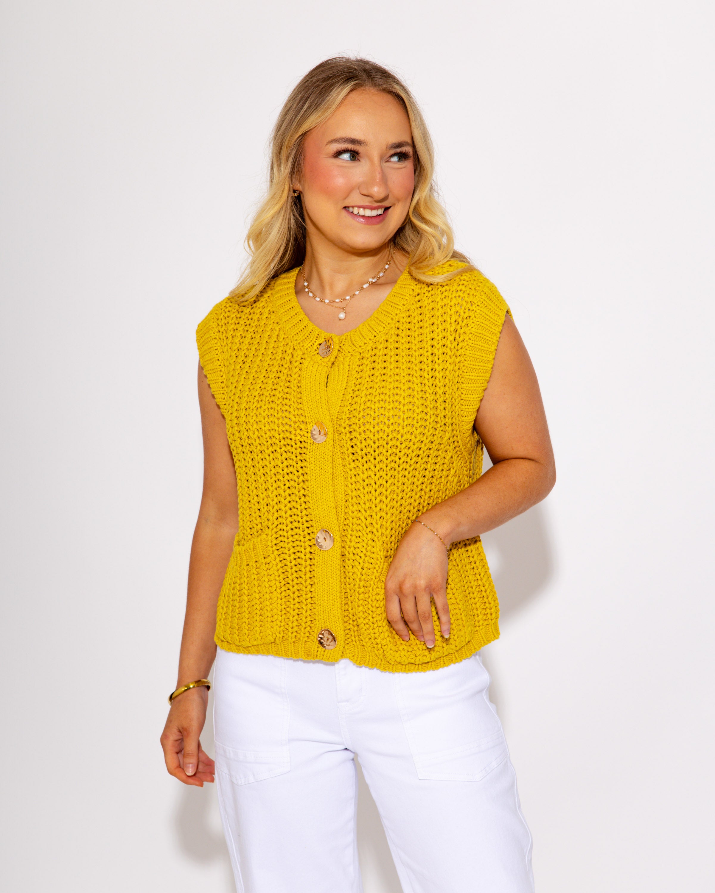 Game Day Knit and Go Button Up Vest in Mustard