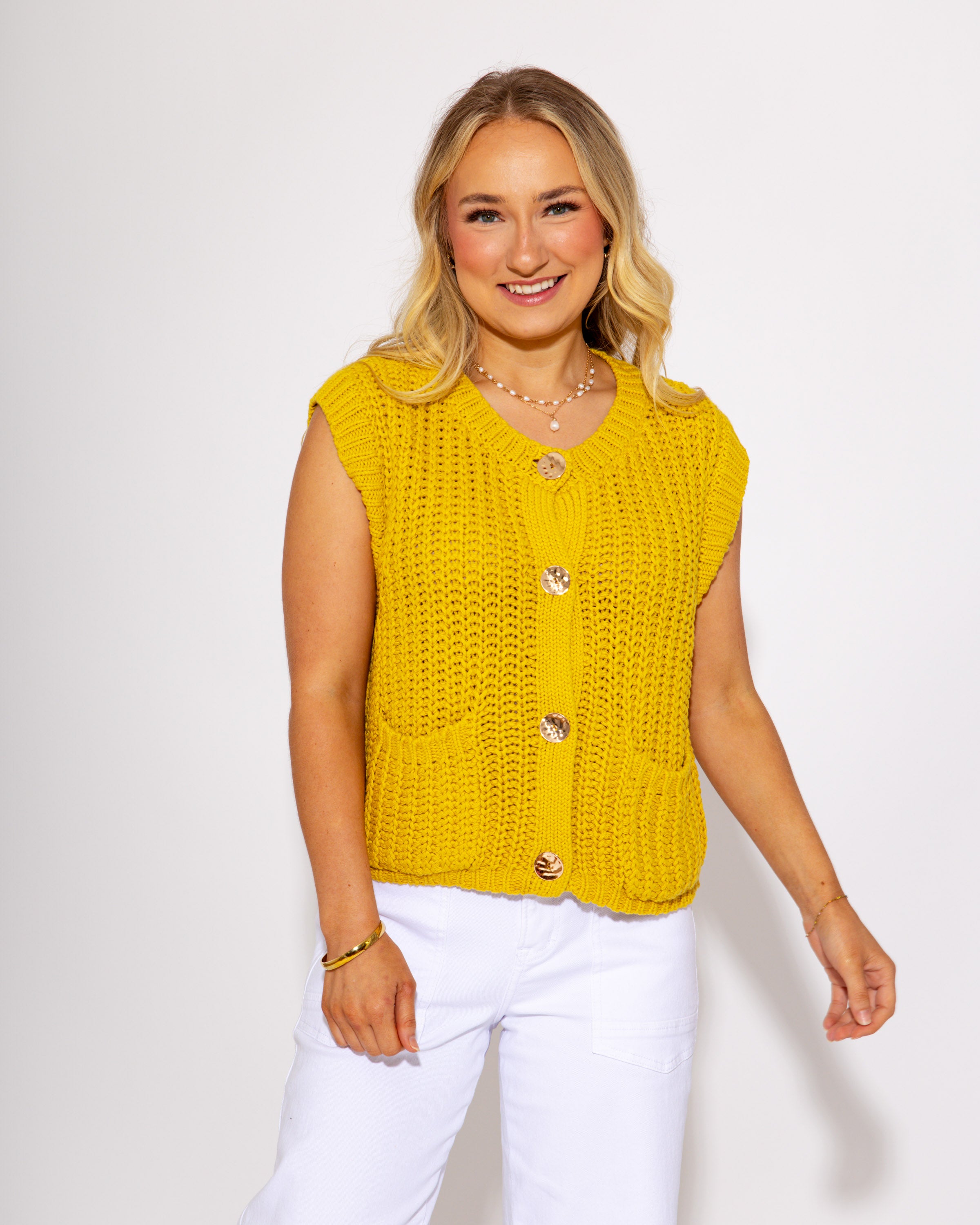 Game Day Knit and Go Button Up Vest in Mustard