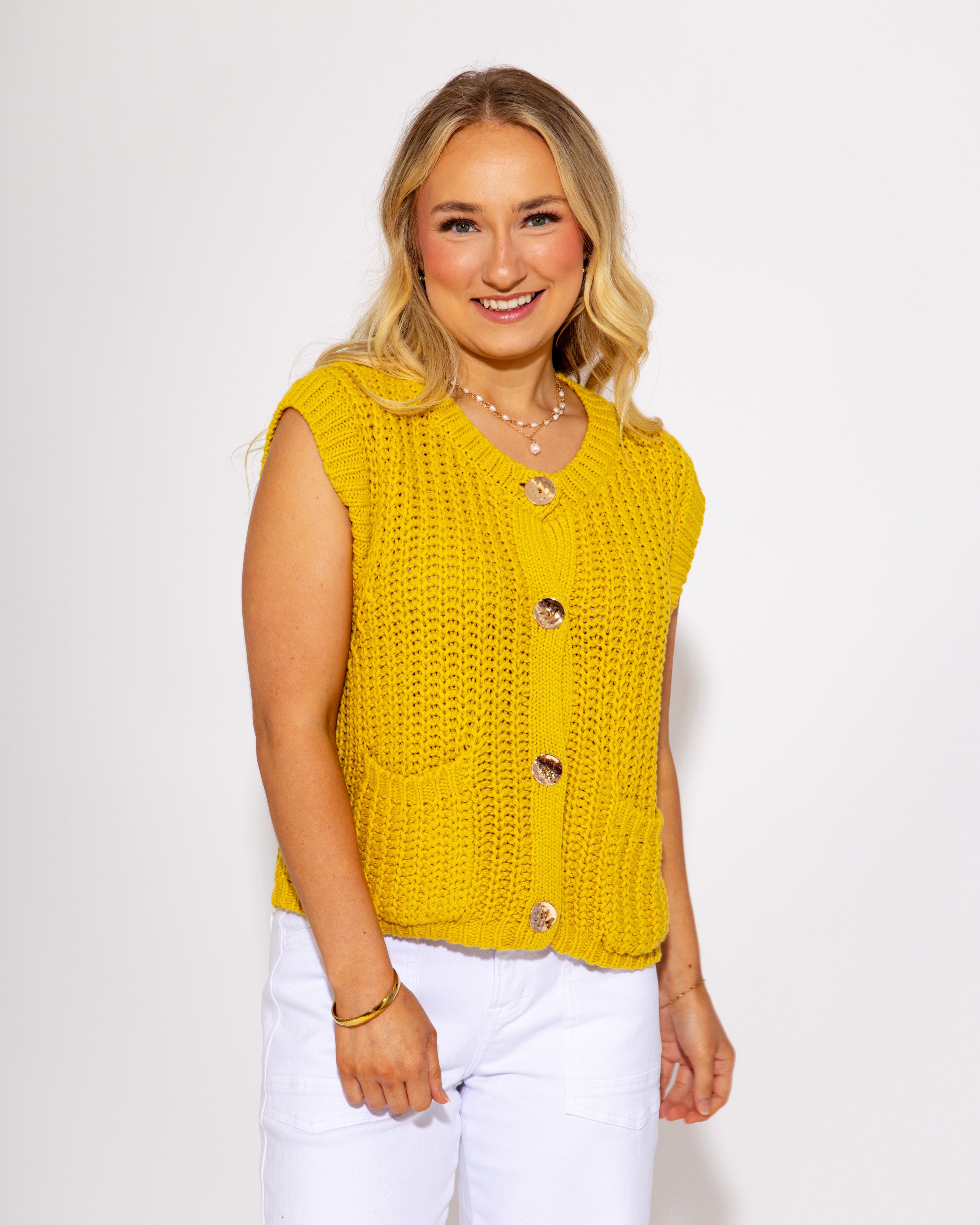 Game Day Knit and Go Button Up Vest in Mustard