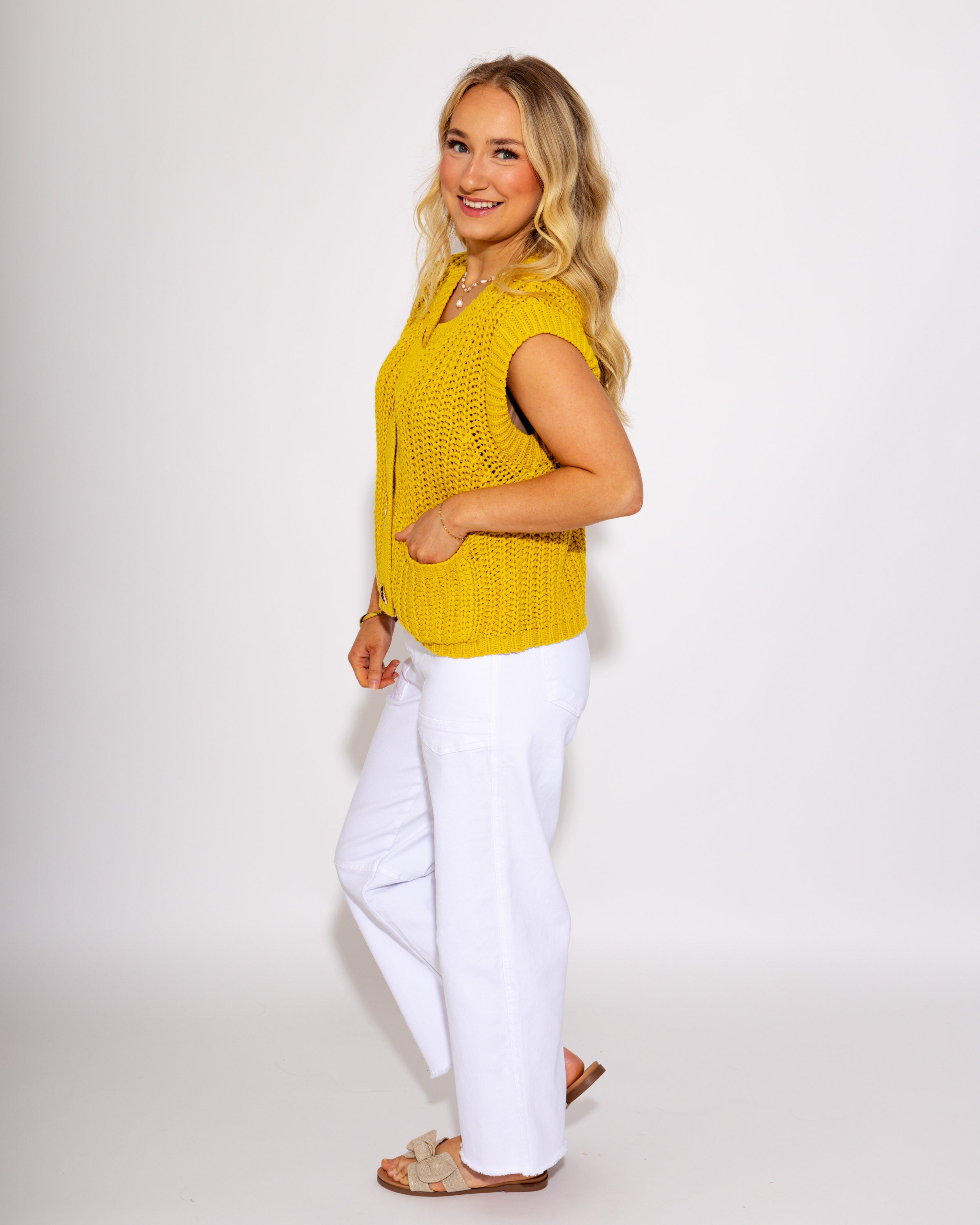 Game Day Knit and Go Button Up Vest in Mustard