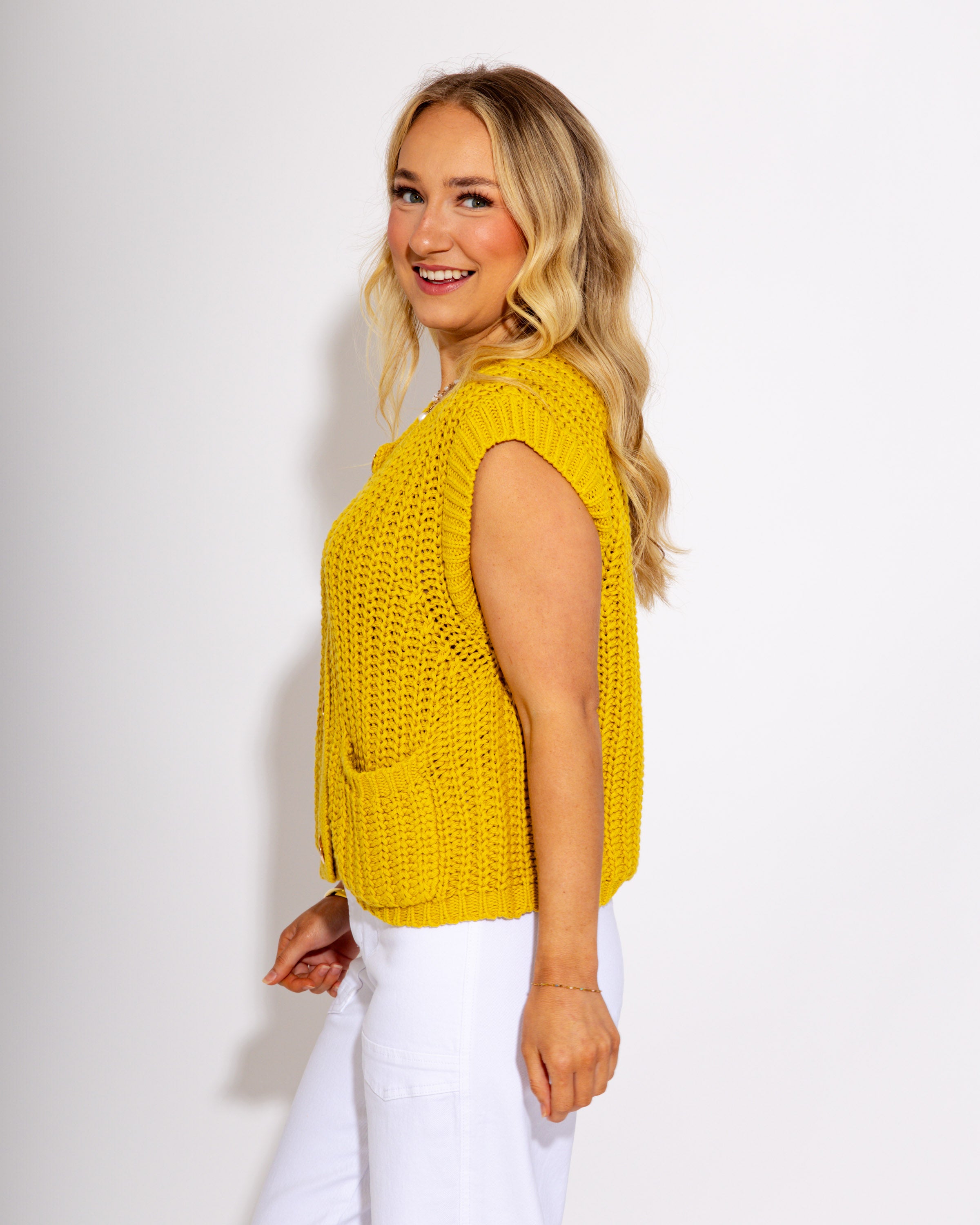 Game Day Knit and Go Button Up Vest in Mustard