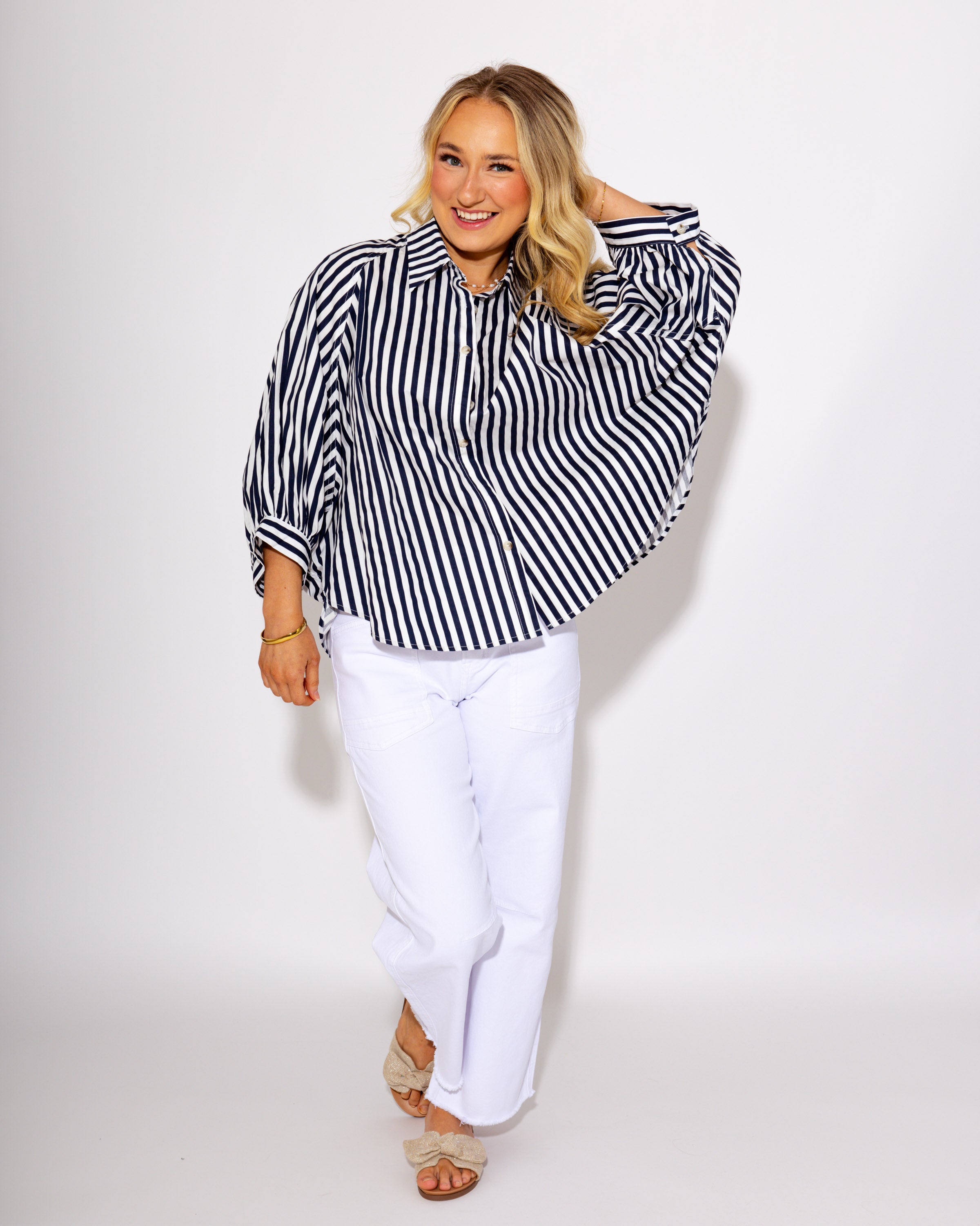 The Classic Striped Button Up Top in Navy